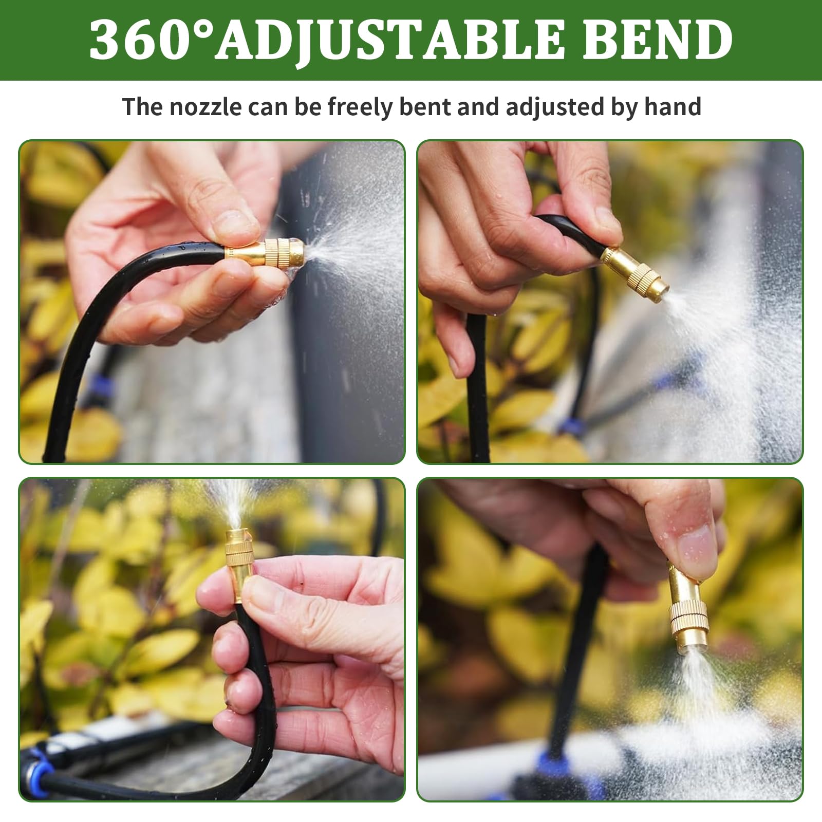 Sistema de riego por goteo de 100 pies de 1/4 pulgadas – Kit de riego por goteo y kit de riego de jardín con 16 boquillas de cobre ajustables de 360°, spray automático de niebla para camas