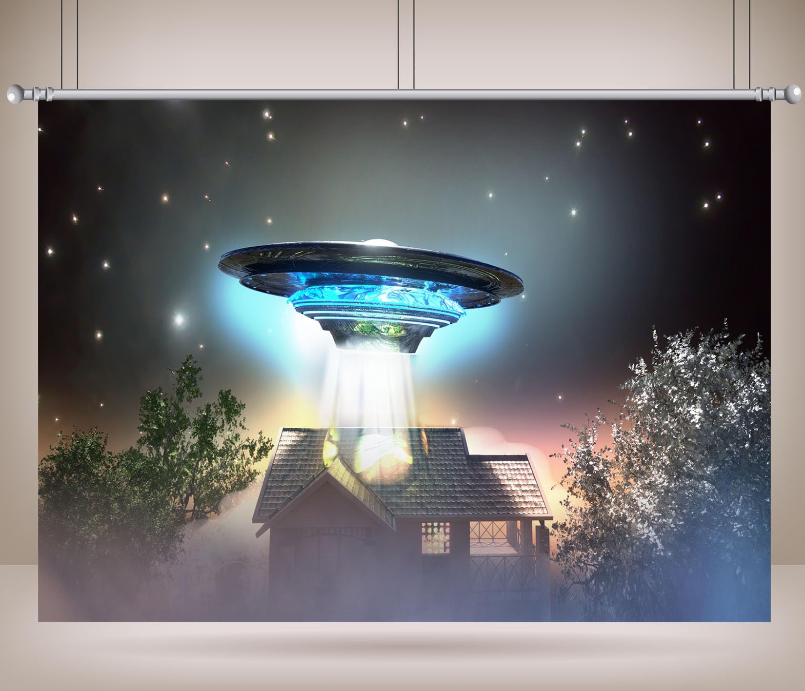 8x8FT (2.5x2.5m) UFO Sopra Casa Nella Nebbia Sfondo Fotografico