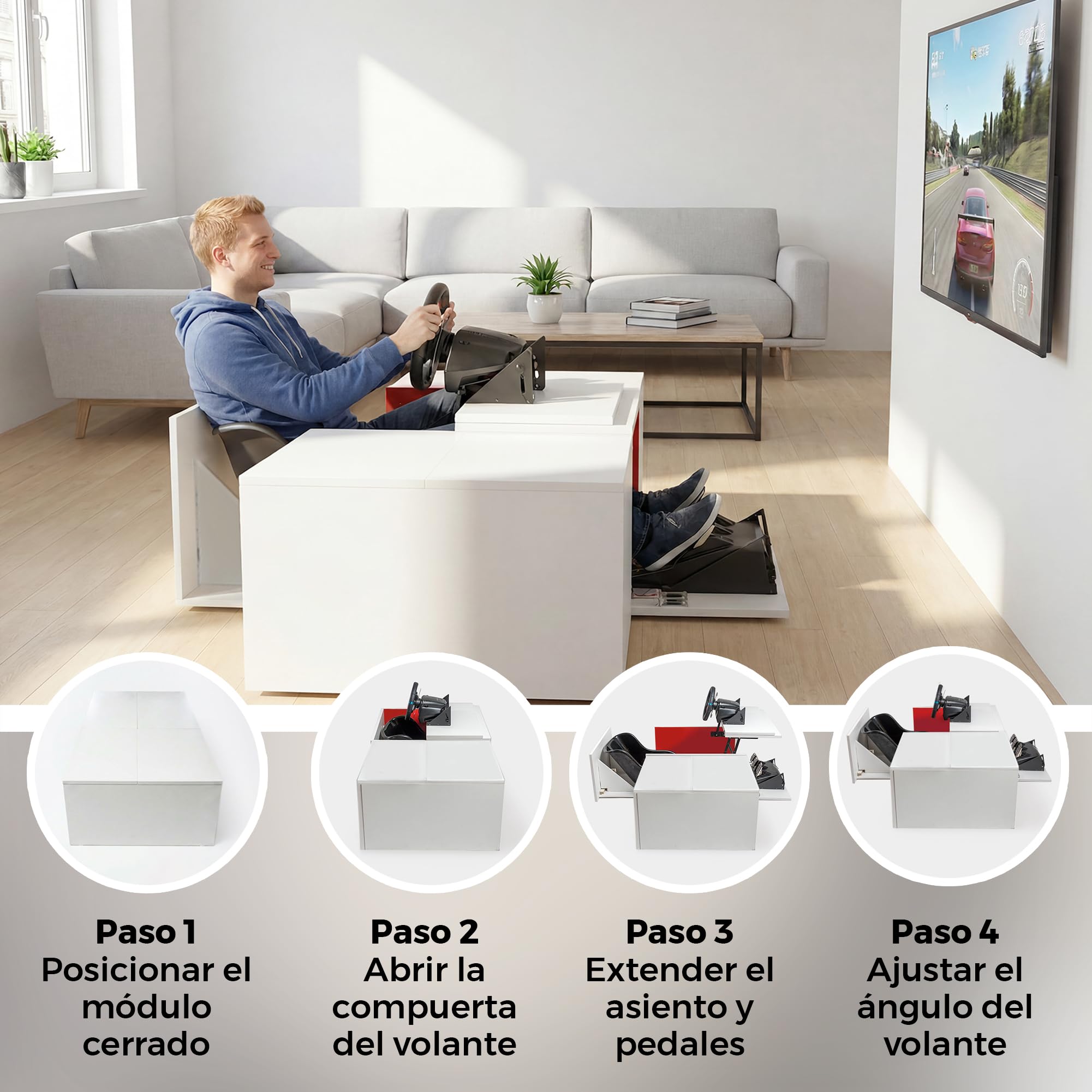 Simulador de Conducción con Volante Force Feedback (2,3NM) y Pedales Integrados en Mesa de Centro Elevable para Salón | Cockpit Gaming Compatible con PS5/PC | 79x79x47,5 cm (Blanco)