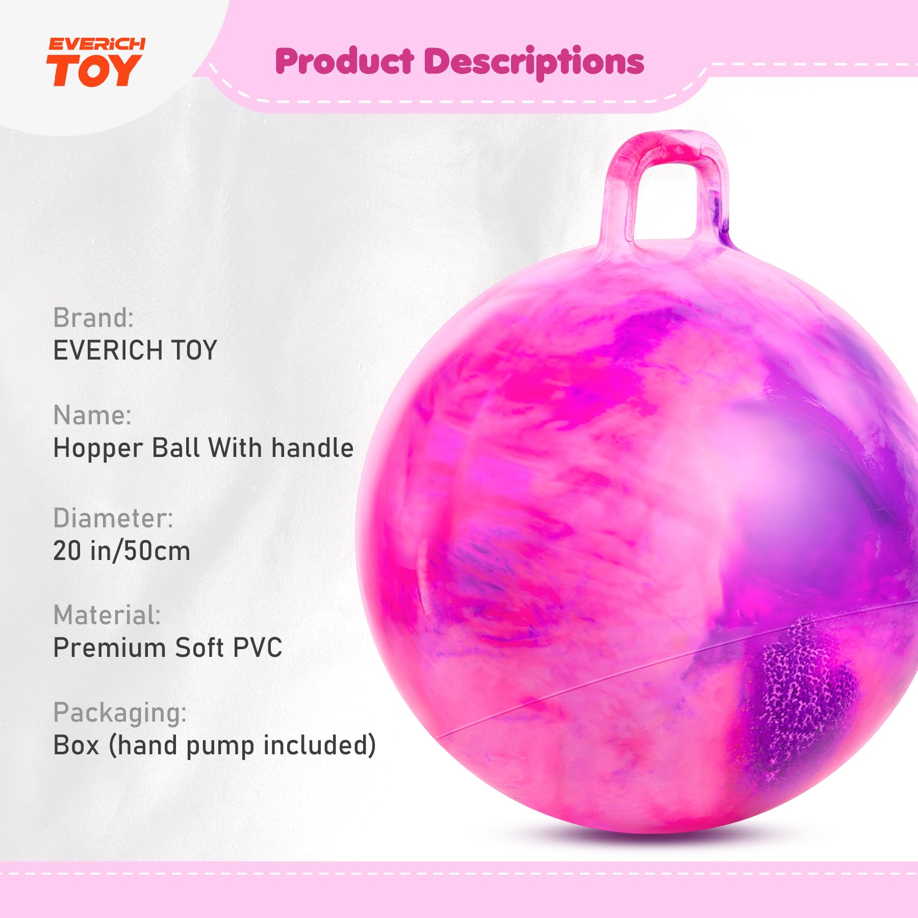 EVERICH TOY Hopper Ball, Clouds Hopping Toys for Kids, 20 Inch Bouncy Ball with Handle, Indoor Outdoor Inflatable Bouncing Hoppity Hop for Boys and Girls Gifts with Pump