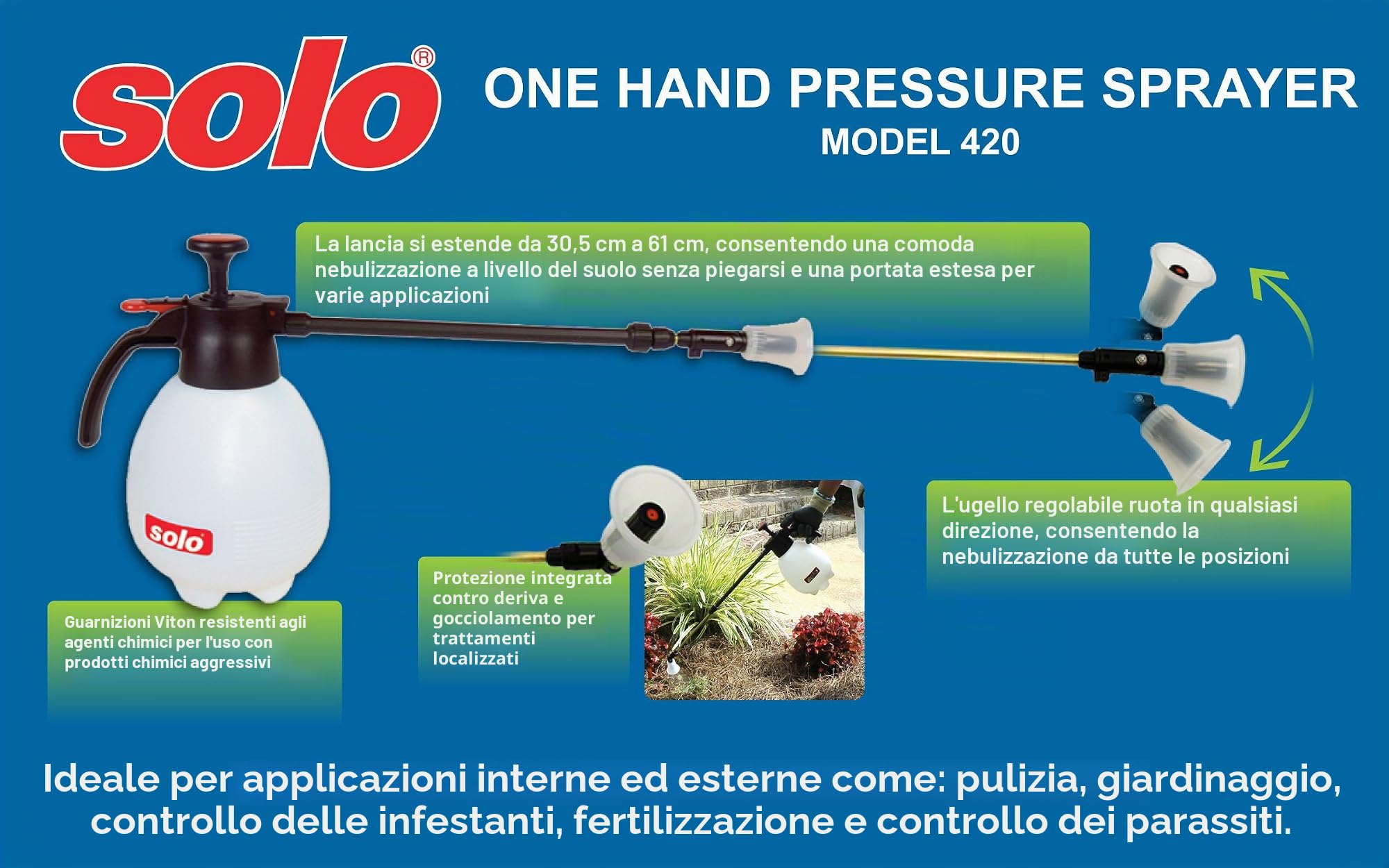 SOLO 420 Spruzzatore a Pressione da 2 Litri con Bacchetta telescopica Regolabile