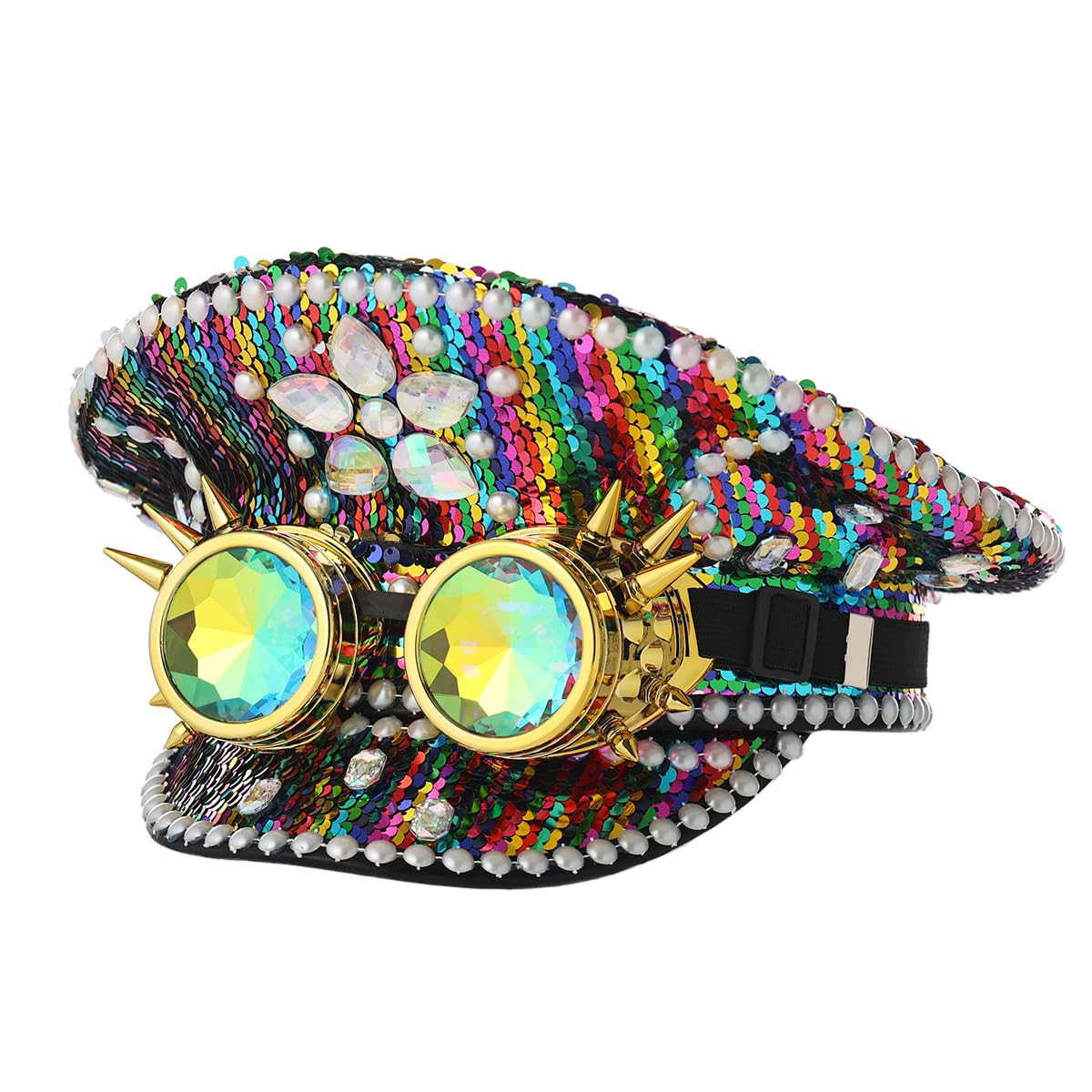 COSDREAMER Sombrero de lentejuelas para mujer, sombreros militares, con gafas