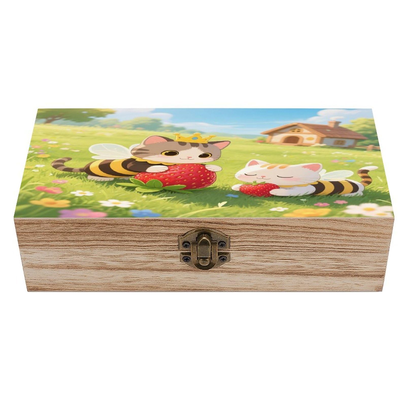 VstaDank Cottagecore Strawberry Cat Wooden Box Sturdy Vintage Storage Box with Hinged Lid Exquisite Wood Keepsake Boxes Large Jewelry Case Cute Trinket Holder Unique Gift for Men & Women