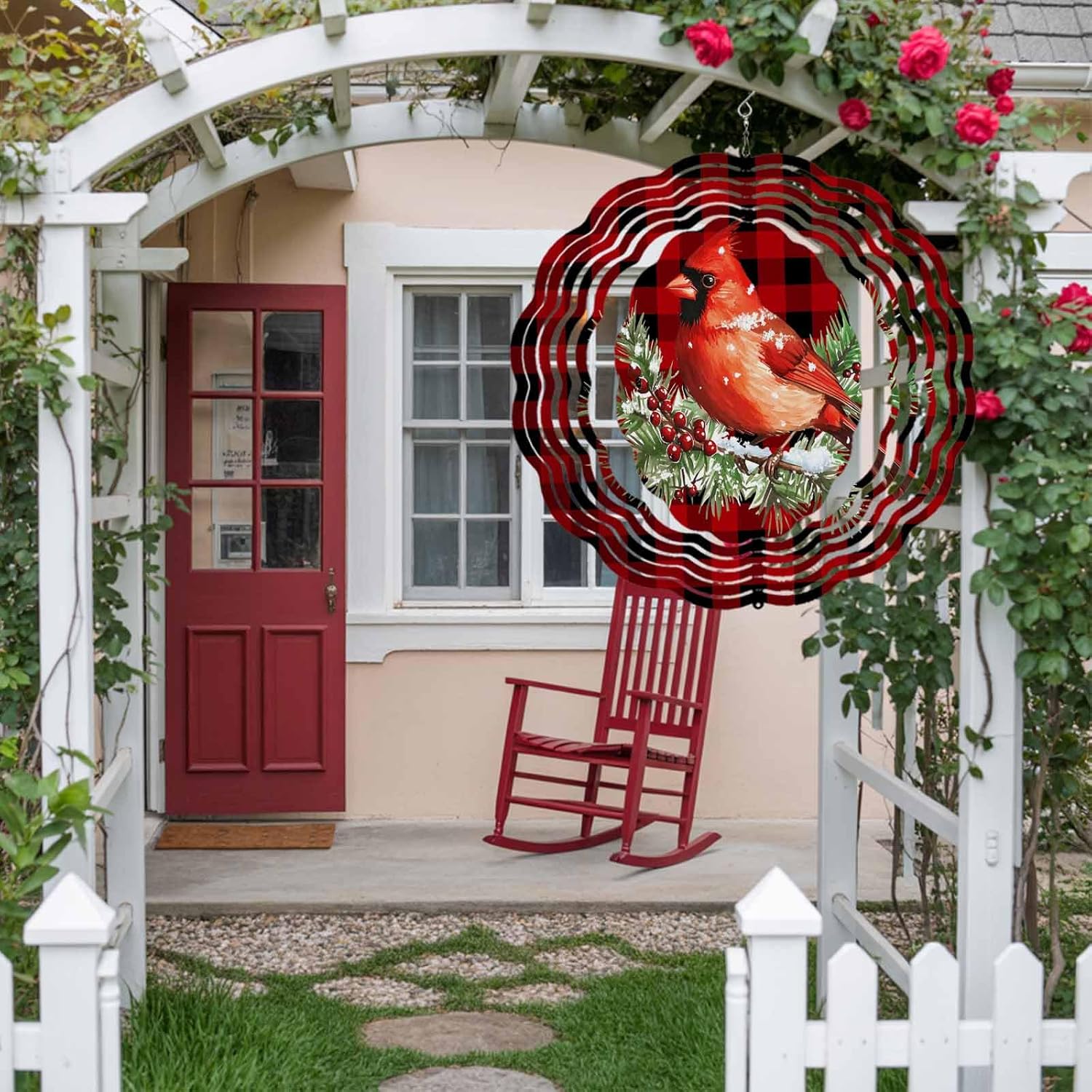 Wind Spinners for Yard and Garden- Red Cardinals Bird 3D Metal Wind Sculptures & Spinners Hanging Red Black Buffalo Check Plaid Stainless Steel Kinetic Art Indoor Outdoor Decor 10 Inches,