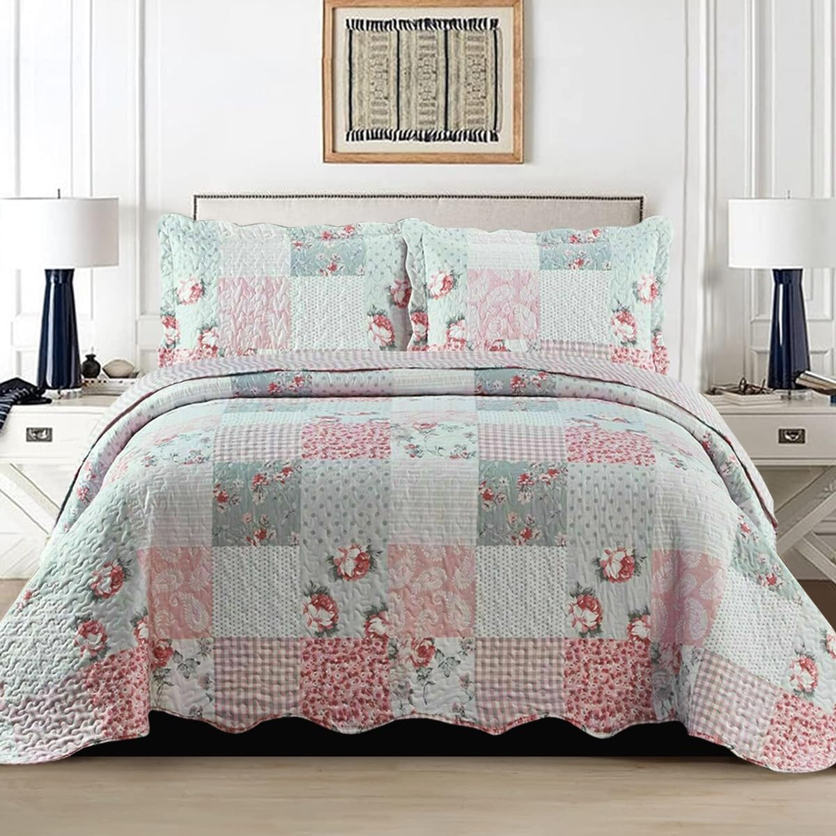 3 PCS Patchwork Bedspread Quilted Bed Throw Single Double King Size Bedding Set (Floral Grey, Super King Size Bedspread Set) — image 1