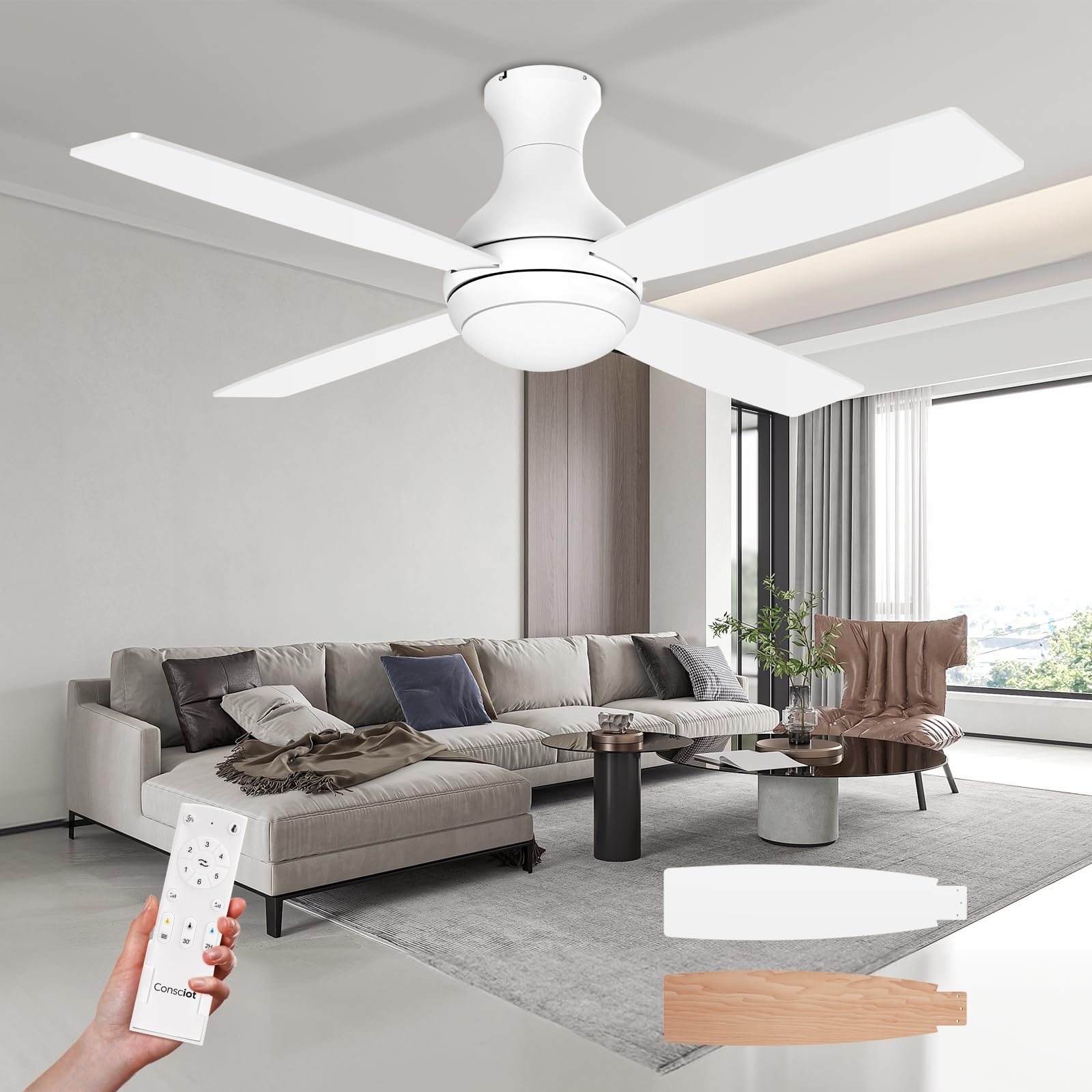 Consciot 52 Inch Ceiling Fan With Lights, Low Profile White Ceiling Fan, Remote Control, Quiet Reversible DC Motor, Dimmable 3 CTT LED, 4 Double Finish Blades, Flush Mount, Indoor Only
