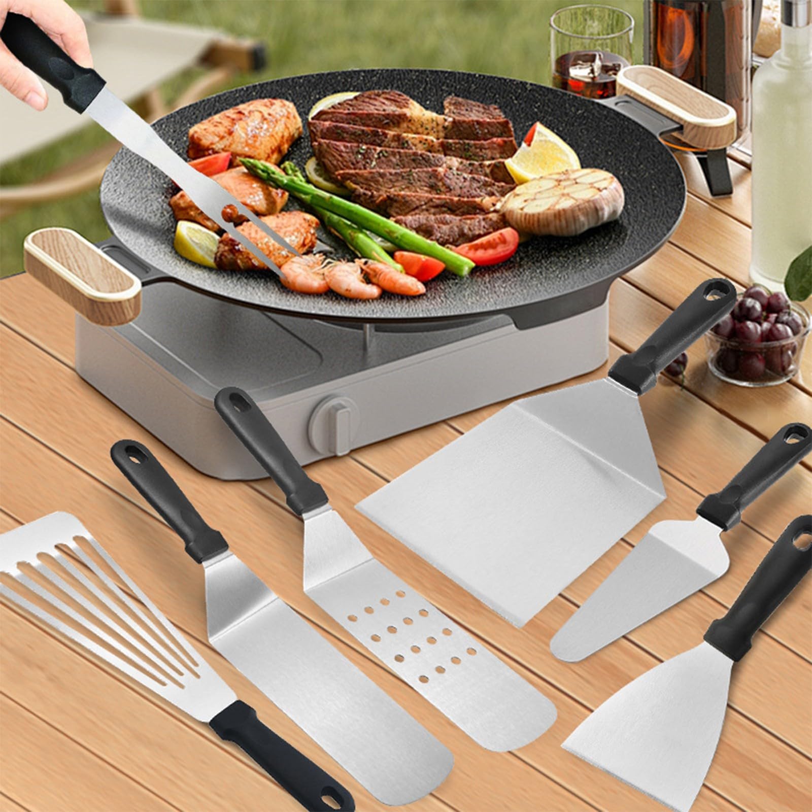 Juego de utensilios para barbacoa de 29 piezas, de acero inoxidable, mango de madera resistente al calor con bolsa organizadora, juego de herramientas para barbacoa indispensable con
