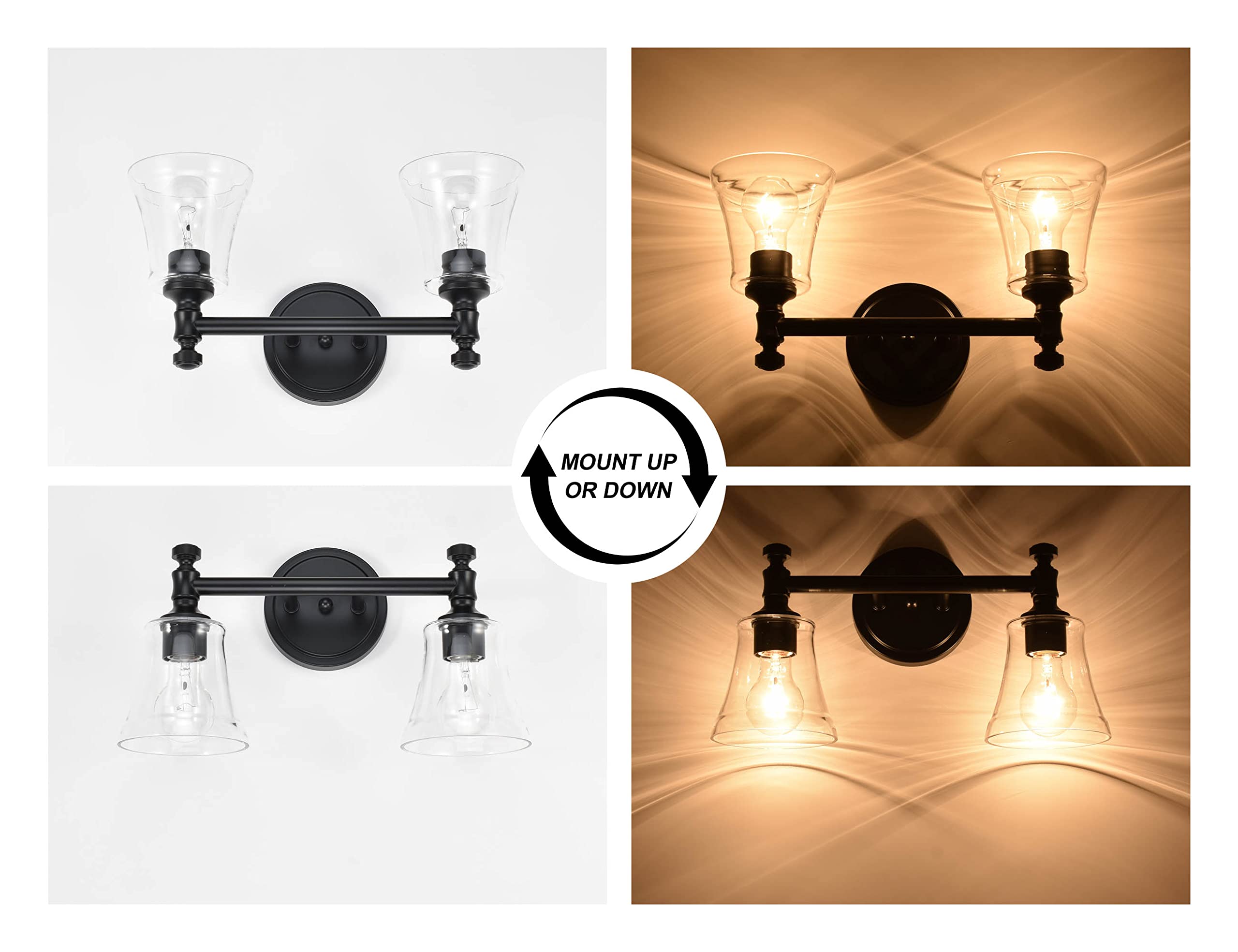 Hanaloa Bathroom Vanity Light Fixture, Traditional Matte Black 2 Lights Wall Sconce Lighting with Clear Glass Shade, Porch Wall Mount Light Fixture for Bathroom, Mirror Cabinets Hallway Stairs
