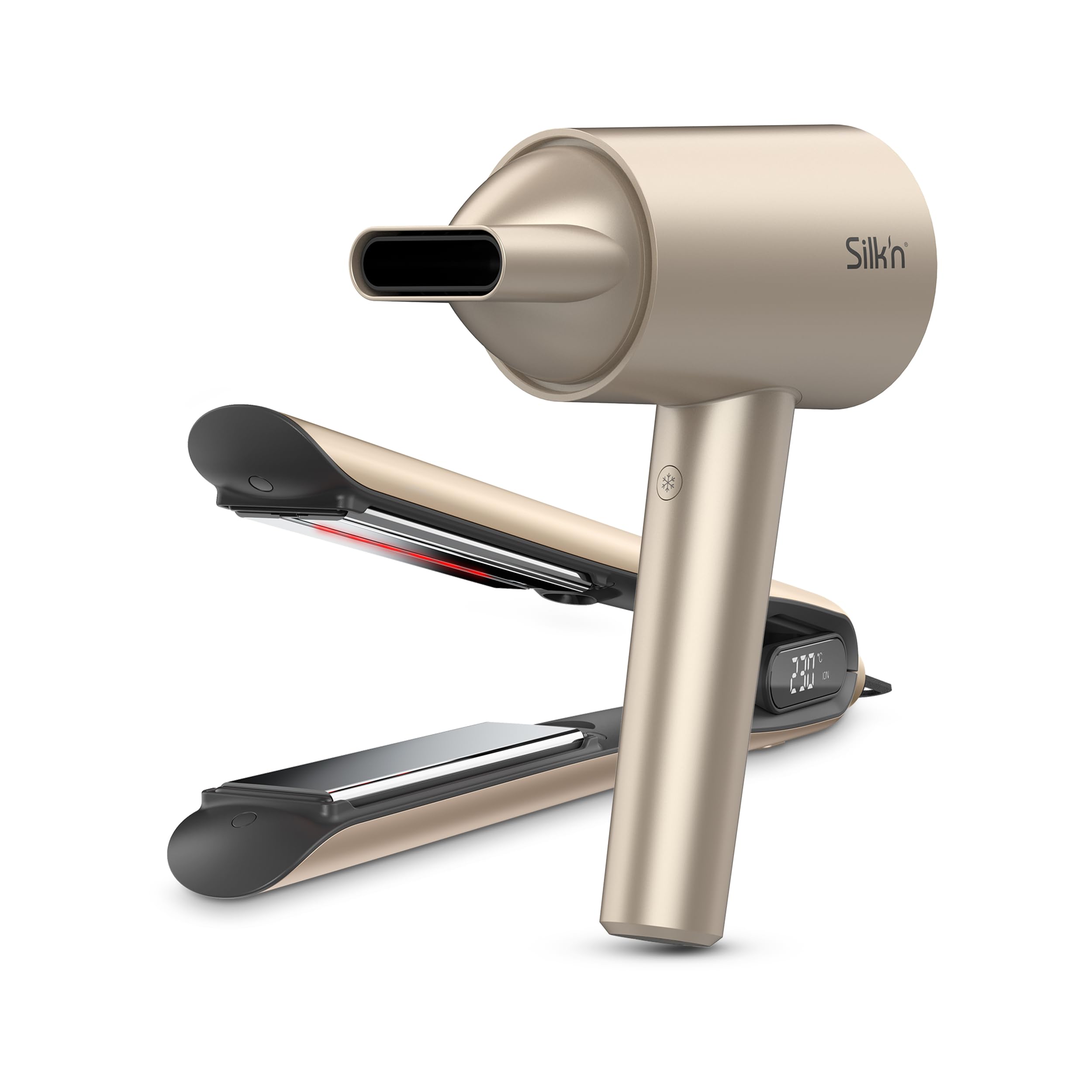 Silk’n Plancha y Secador de Pelo con tecnología Hydra Ionic - SilkyStraight & SilkyAir Pro – Calentamiento rápido - Difusor y Concentrador incluidos - 1600W - Set de regalo - Idea de regalo - Oro Rosa