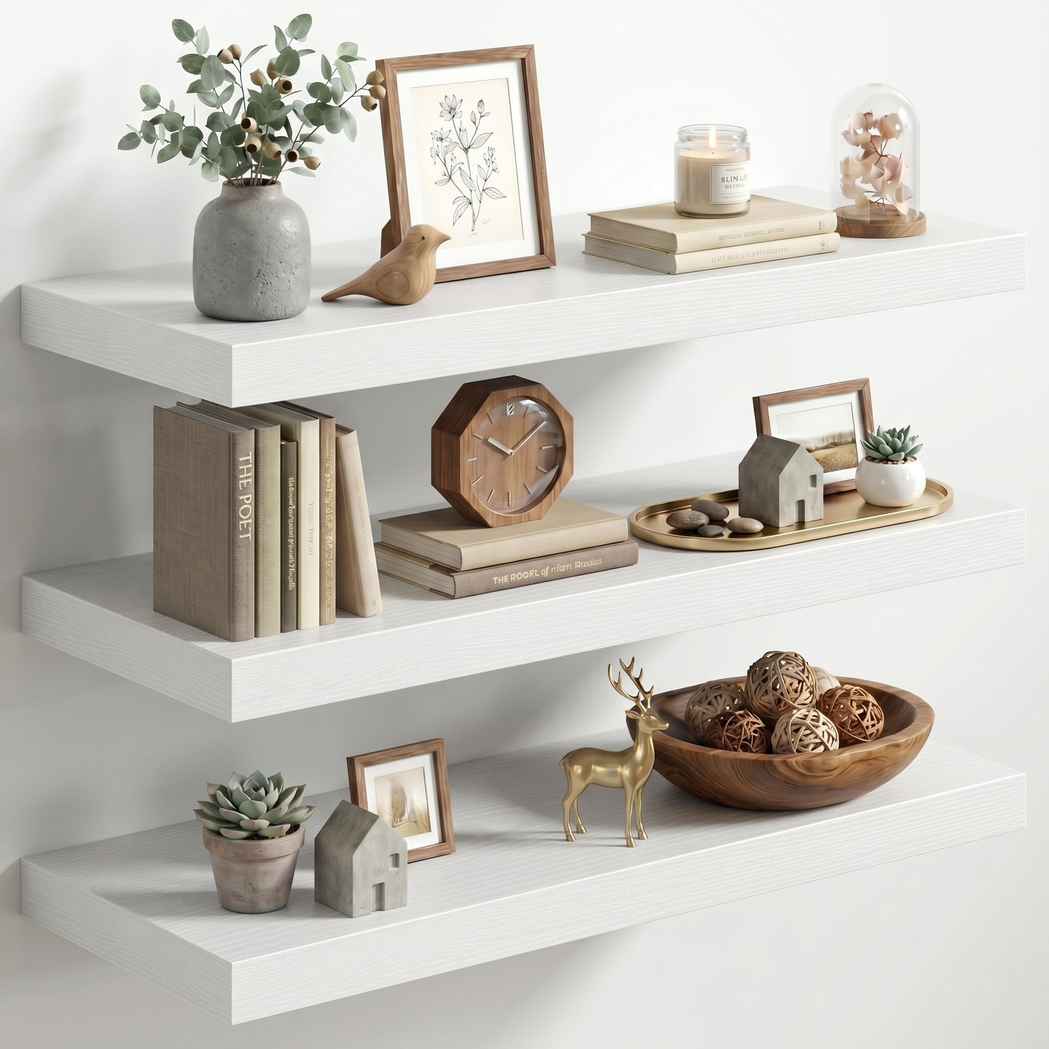 Fun Memories 30 Inch Floating Shelves for Wall, 12" Deep Large Wall Mounted Wood Shelves with Invisible Bracket, Rustic White Floating Shelf for Bathroom Over Toilet Kitchen Living Room, Set of 3