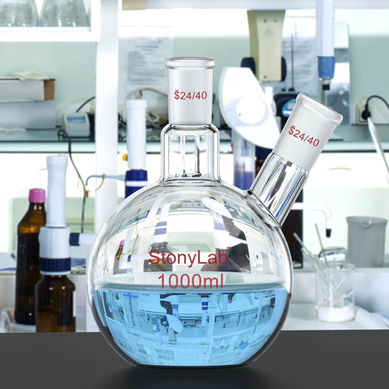 Stoneylab Matraz de Fondo Plano FBF 1000 ml, Vidrio de Borosilicato con Junta 24/40