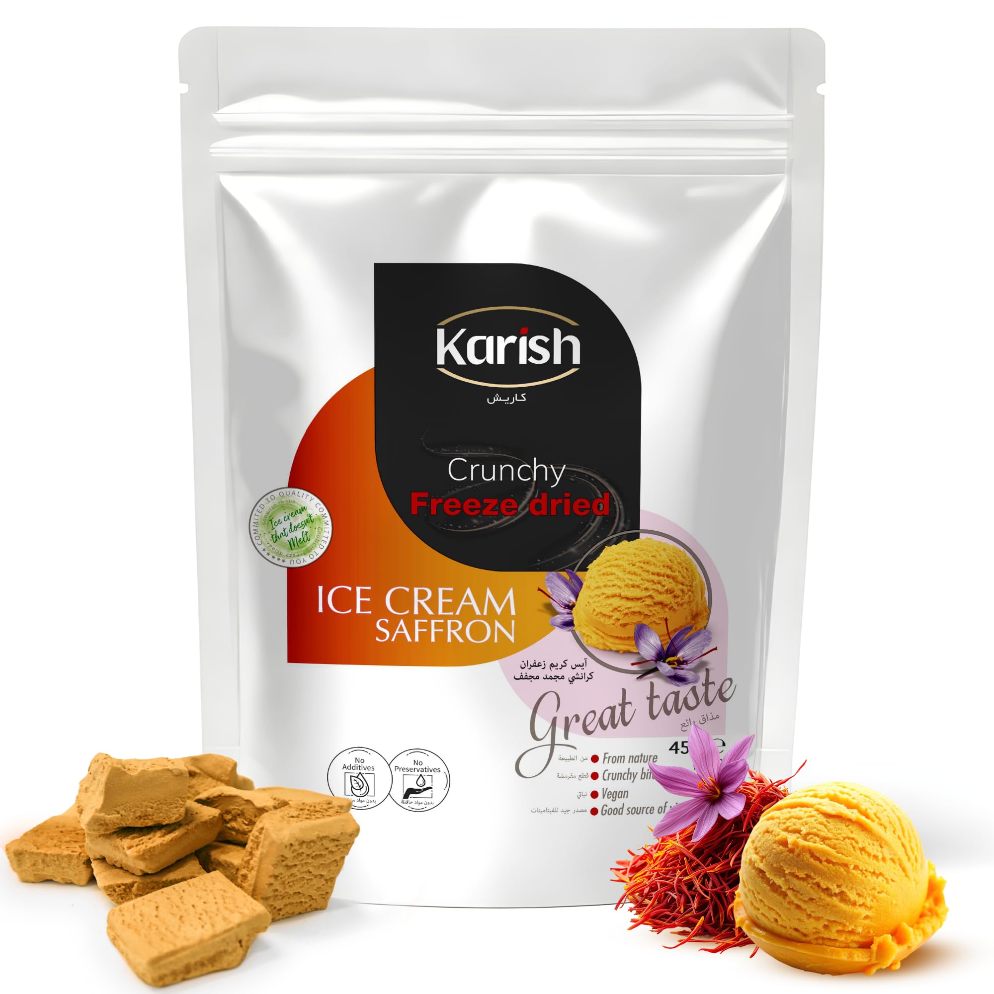 Karish Crunchy Freeze Dried Saffron Ice Cream | Fresh & Nutrient Rich With Pure Flavor & Aroma of Kesar | A Perfect Snack For Outdoor & On The Go Ice-Cream | 45 gm