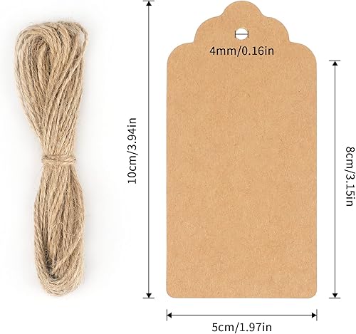Miniatura 2 de 100 etiquetas de precios G2PLUS de papel de estraza, con una cuerda marrón e ideales para empaques, manualidades, bodas, Navidad, Día de Acción de