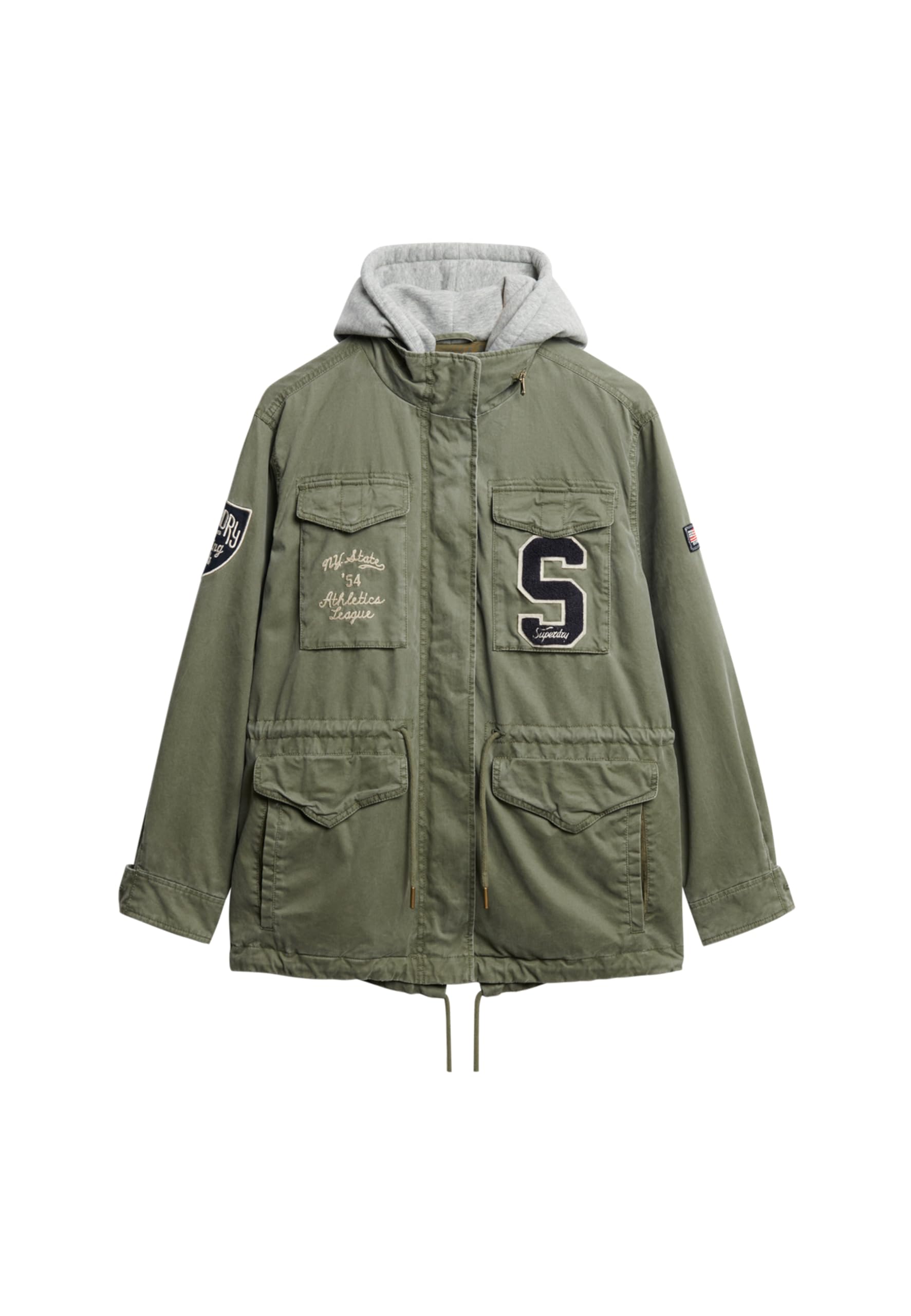 Superdry Women's Pale Olive Green Military Style Jersey Jacket With Hood And Embroidery, 10