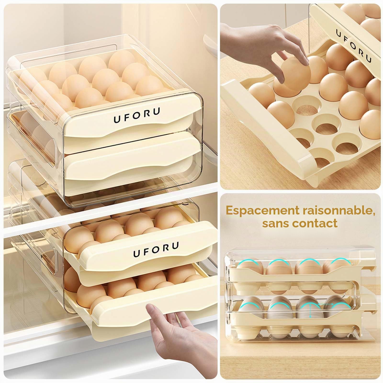 Plateau à Œufs pour Réfrigérateur, 32 Grilles/2 Couches Porte-œufs pour Réfrigérateur, Tiroir à Œufs pour Frigo, Boîte de Rangement pour Œufs Frais,Transparent, Crème