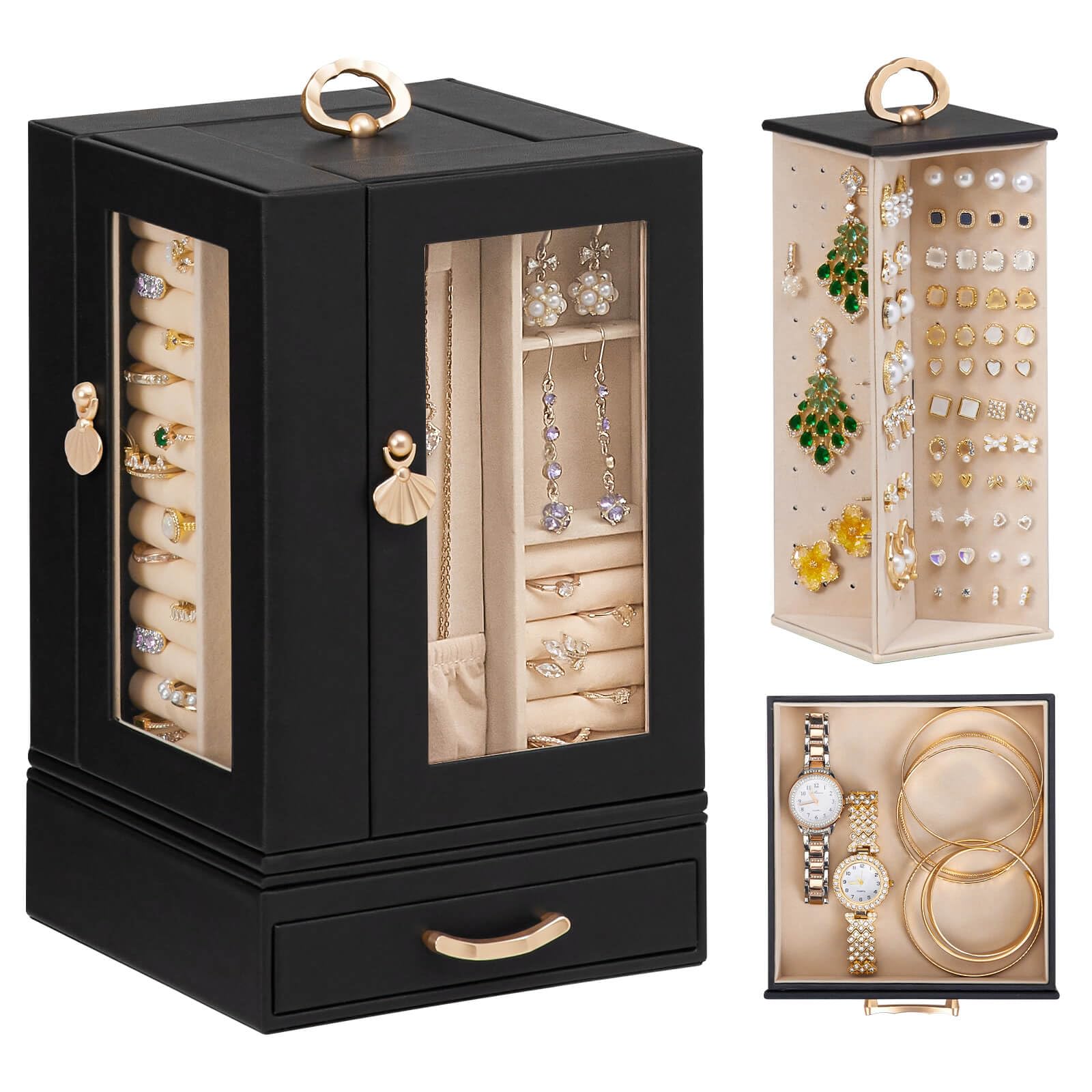 Jewelry Box large for Dresser Women Necklace Ring Storage Organizer with Compartments - Elegant Earring Holder Display Black