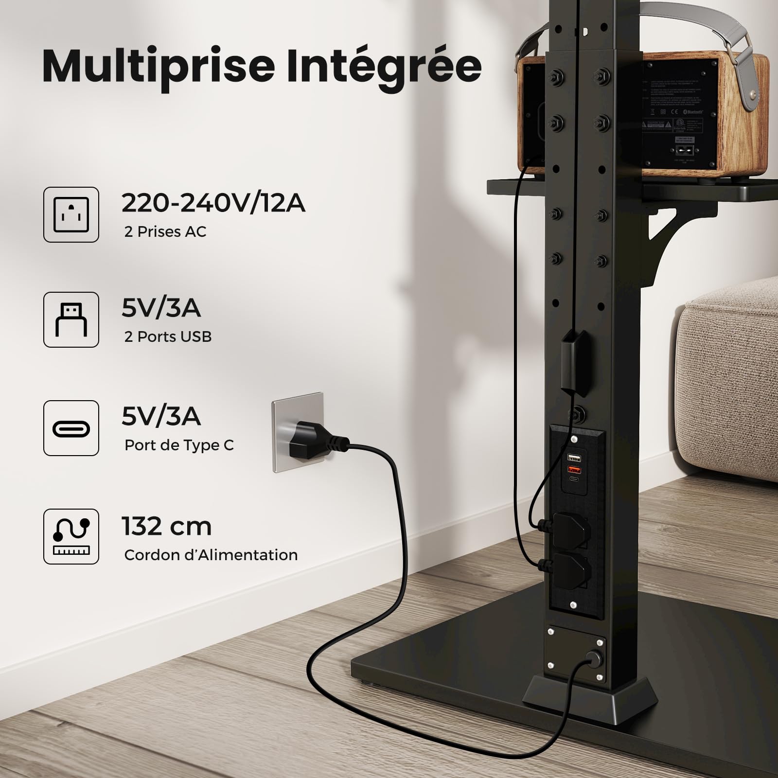 GYMAX Support TV sur Pied Inclinable, Hauteur Réglable, avec Prise de Courant, Étagère de Rangement, pour Télévision Écran de 32 à 70″ Jusqu'à 50 KG, VESA Max 600 x 400 mm