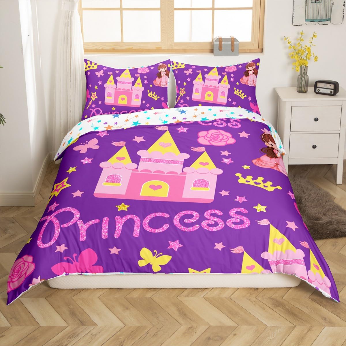 Dreamy Princess Castle Decorations,Butterfly Floral Duvet Cover for All Season,Girls Castle Stars Girls Crown Bedroom Decor Comforter Cover(No Filler) Full Size,3PCS