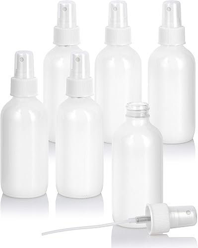 JUVITUS Botella redonda Boston de vidrio blanco brillante de 4 onzas  4.1 fl oz con espray blanco de niebla fina blanca (paquete de 6)