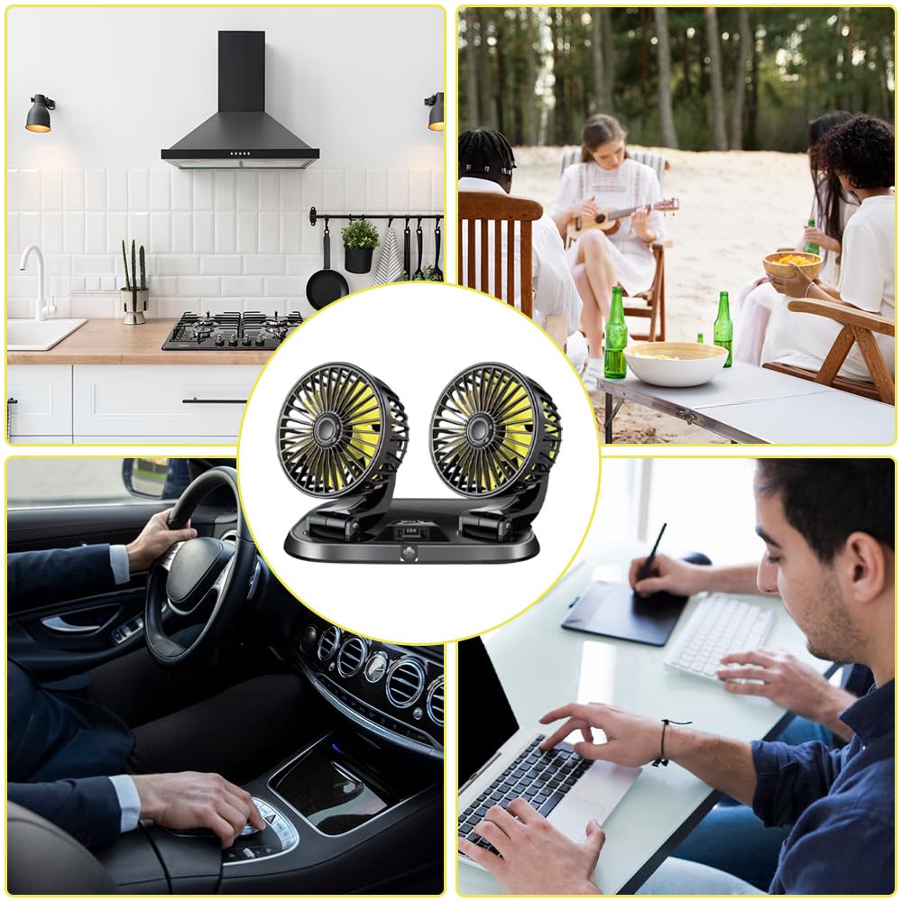 Mineup Auto Ventilator, 12V Doppelkopf Autolüfter Gebläse, Kfz Lüfter Mit 2 Geschwindigkeiten & 360°-Drehung, Doppelventilator, Einstellbar Ventilator Für Auto SUV RV Boat Camping