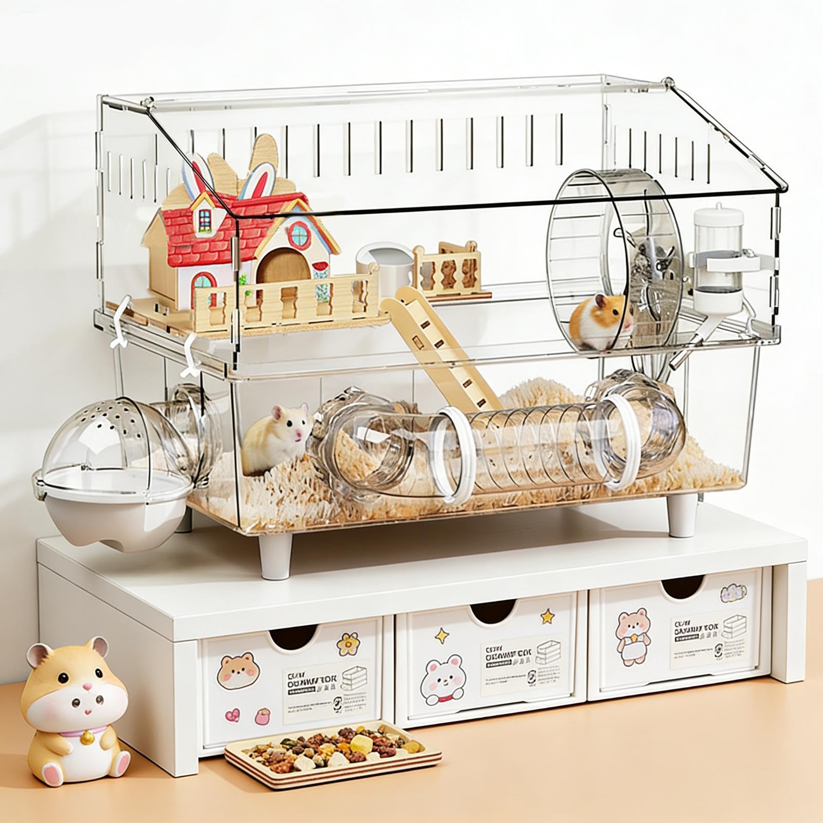 Jaula para Hámster Casa Transparente de 2 Niveles para Chinchilla | Jaula con Bebedero y Arenero Observación de Mascotas en Casa, Interior y Exterior