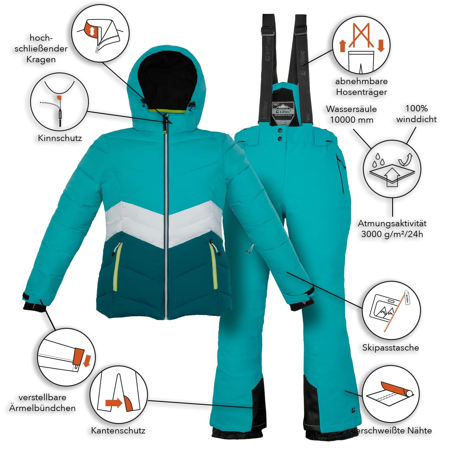 Killtec Damen Skianzug 2 teilig - mit 10.000mm Wassersäule, PFC frei - Skijacke und Skihose
