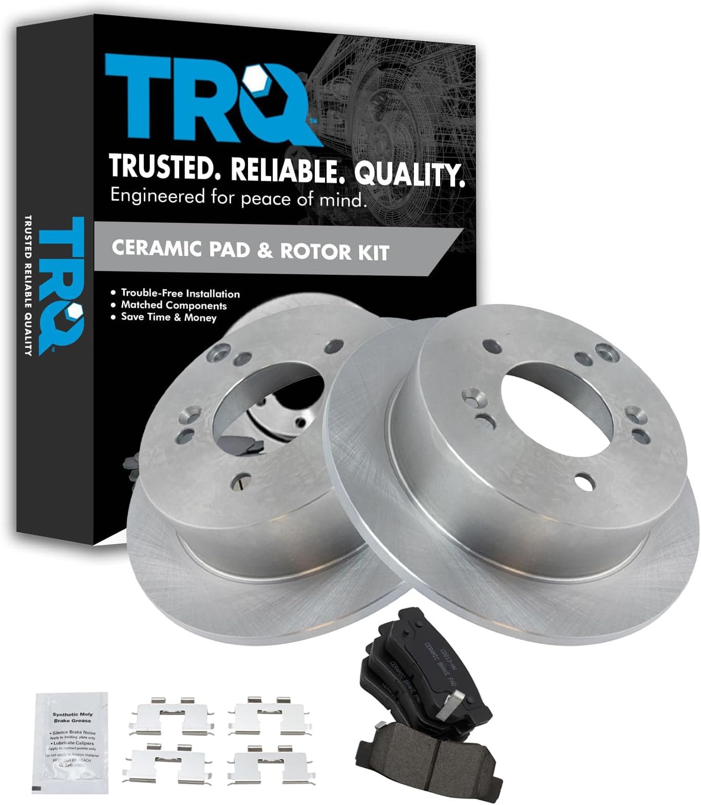TRQ Rear Brake Pad and Rotor Set Ceramic Solid Rotors Compatible with 2006-2008 Hyundai Sonata 2005-2009 Tucson 2001 XG300 2002-2005 XG350 2006-2010 Kia Optima 2005-2010 Sportage