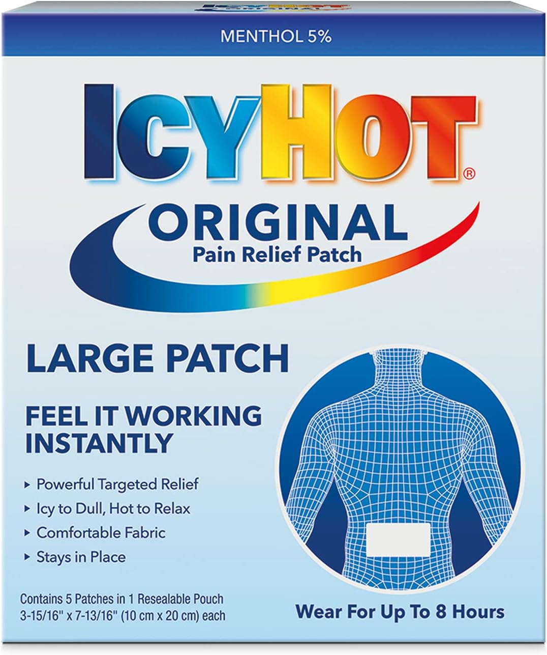 Original Pain Relief Patch, Large Size Comfortable Fabric Patches with Menthol 5%, Ice and Heat Contrast Therapy for Backaches, Joints, Muscle Strains and Arthritis, 5 ct.