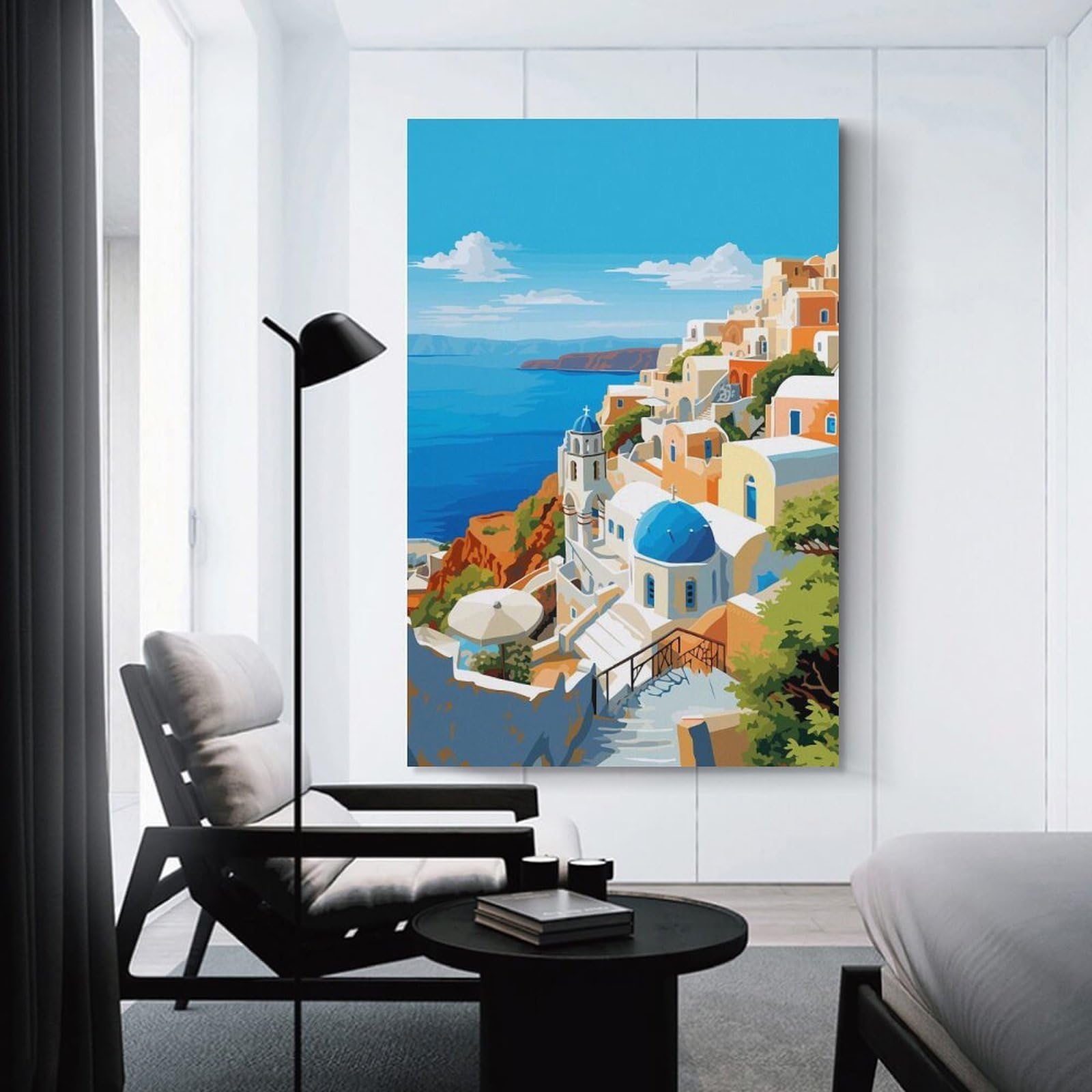 Junmoney Hanging Wall Art Spring Santorini Travel, 24x36inch(60x90cm), for Wall Displays, Bedrooms Or Room Updates, Decorative Artwork with Flexible Styling