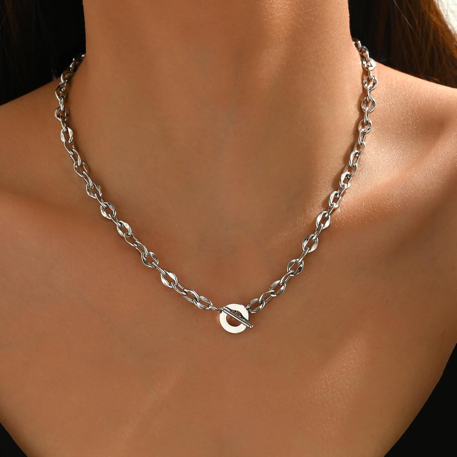 18K Gold Plated Chunky Chain Necklace for Women Dainty Cuban Paperclip Chain Toggle Bar Clasp Necklace Thick Trendy Layering Gold Chain Link Stainless Steel Jewelry - Image 2