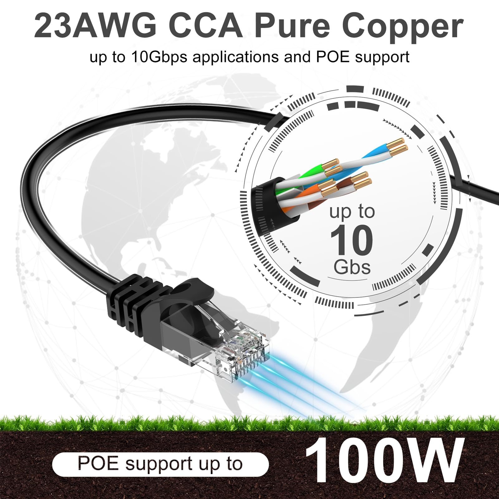 Câble Ethernet Cat 6 de 30,5 m haut débit 23 AWG RJ45 pour une utilisation en extérieur et en intérieur, prend en charge les réseaux CAT6 de 10 Gbit/s, polyéthylène noir étanche, ordinateur LAN