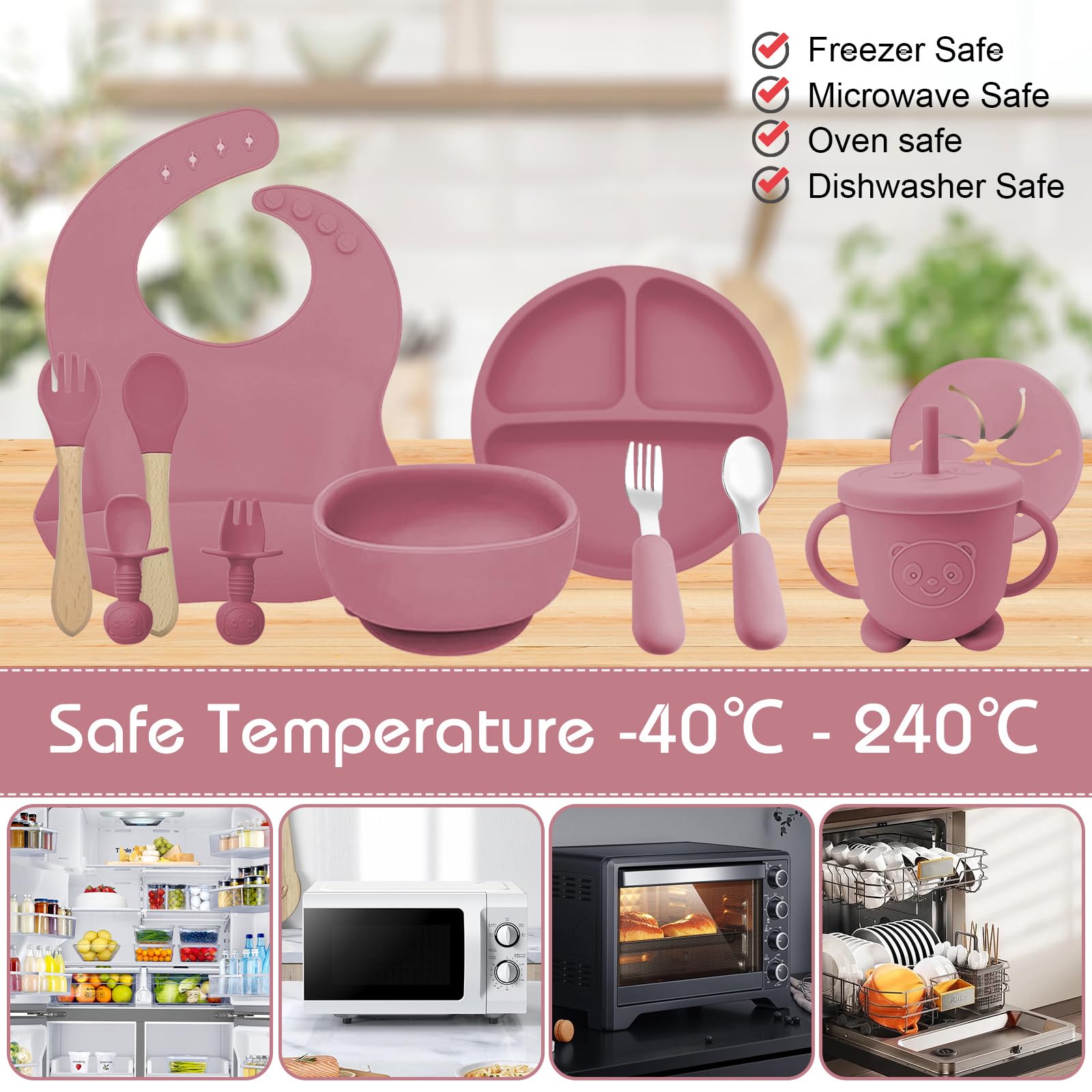 Assiette Bebe,11 Pièces Coffret Repas Bebe Silicone,Assiette bebe Set Vaisselle Assiette ventouse pour bébé,Bavoir Silicone Bebe, Fourchettes,Enfant Set Couverts Vaisselle Pour Sevrage Manger