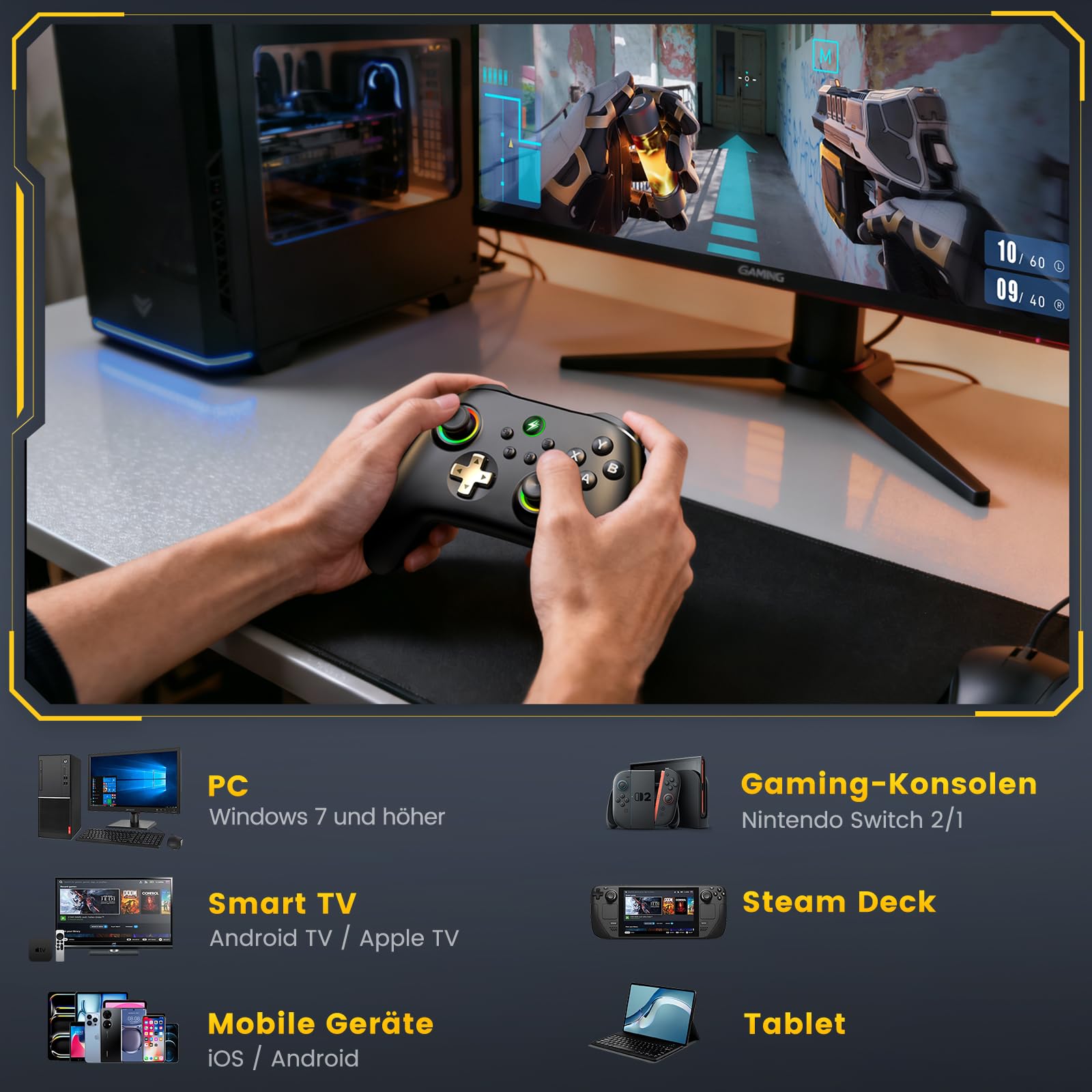 HELLCOOL PC Controller mit Ladestation – 2,4 GHz Wireless PC Gamepad mit Hall-Effekt Joysticks&Trigger, Kein Stick-Drift, 1000Hz Polling Rate, Ergonomisch, kompatibel mit Windows PC/Switch/Android/iOS