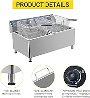 Vista 5 de Freidora eléctrica doble de 11 litros, freidora comercial grande con 2 cestas y tapas, cierre automático y temperatura ajustable, para familia