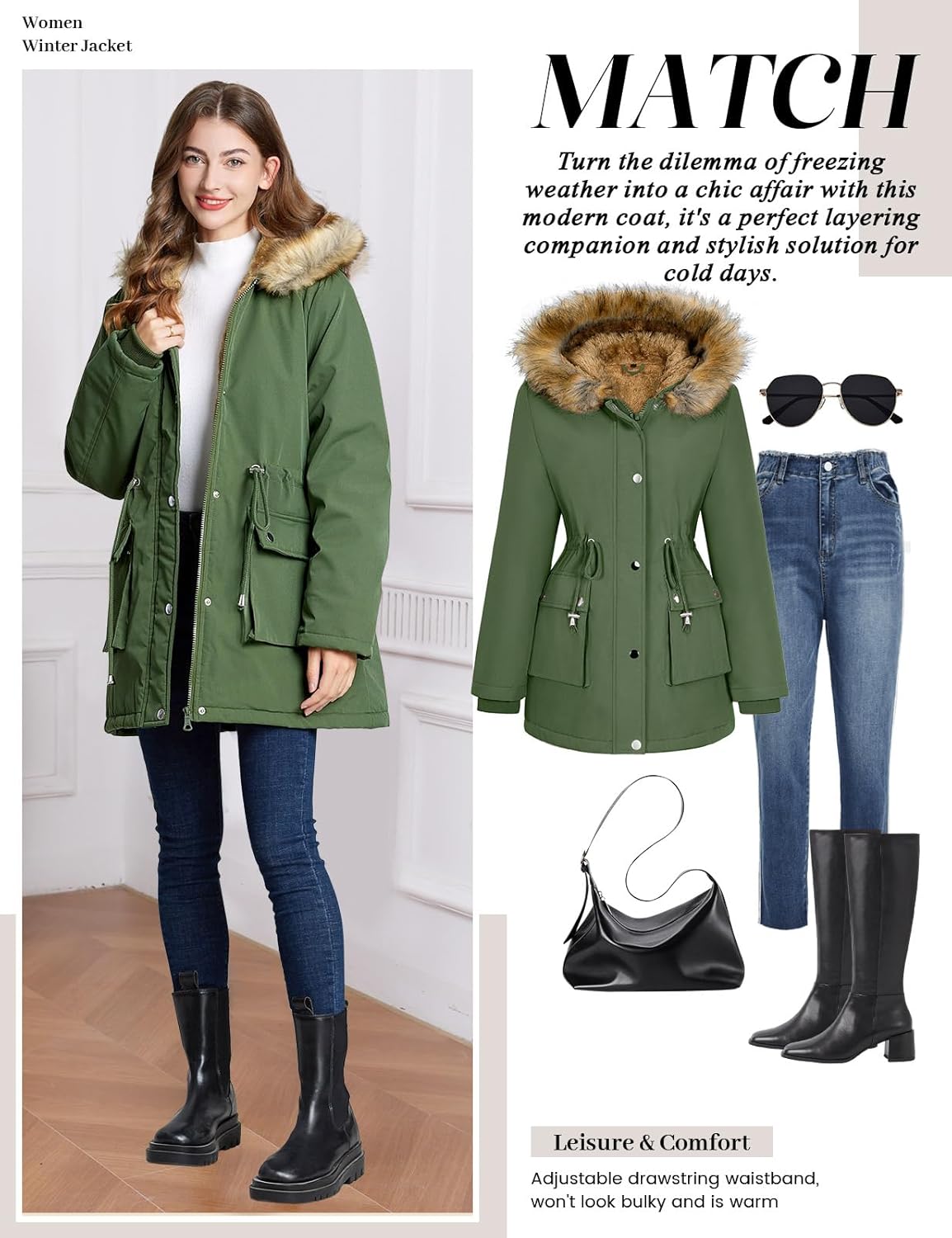 HEEKPEK Women Winter Coats Fleece Lined Parka Jackets Hooded Warm Thicken Coat With Pockets and Fur Hood Trendy Overcoat