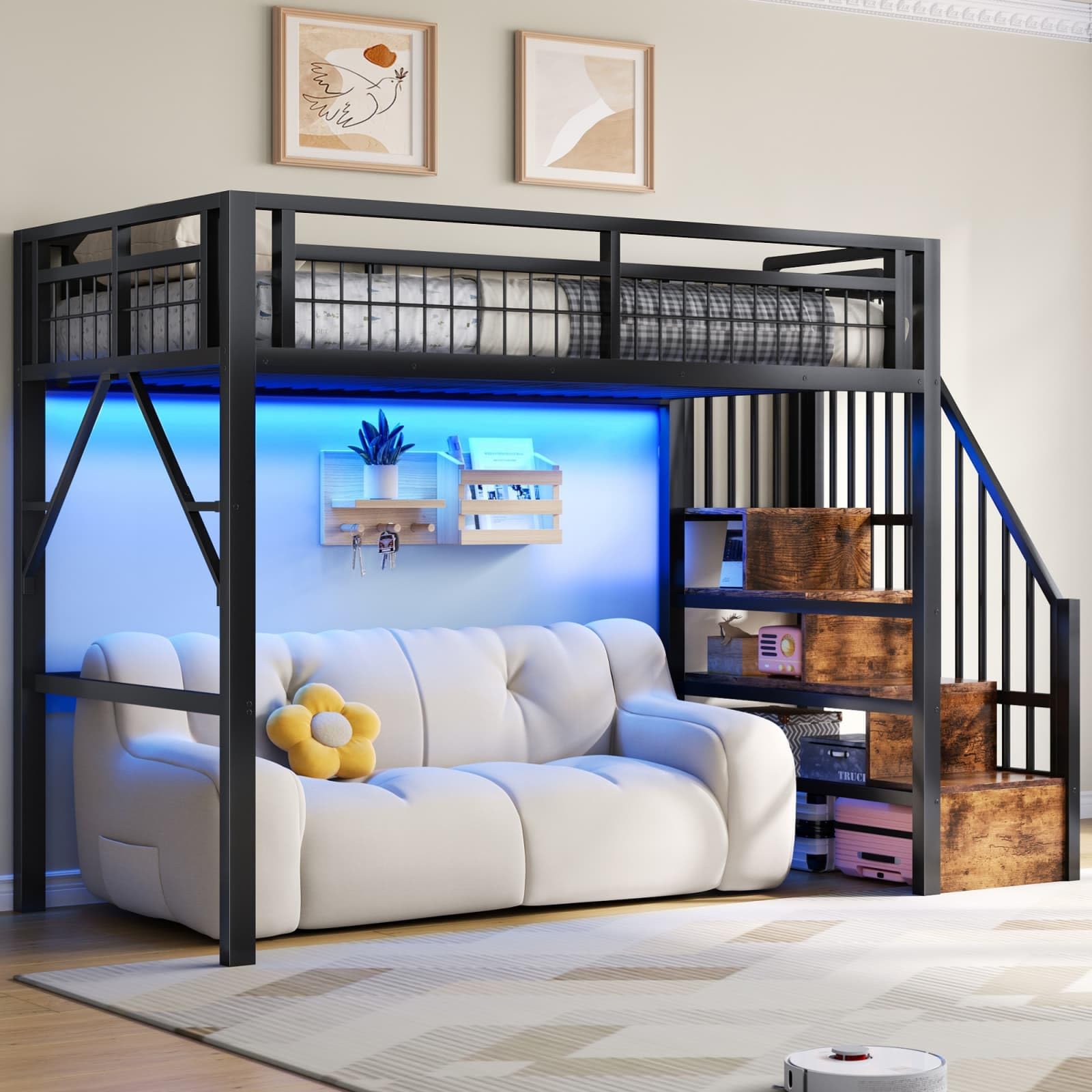 KOMHTOM Lit Mezzanine 140x200 cm en Métal, Lit Surélevé Multifonctionnel avec Escaliers de Rangement et Eclairage LED, pour Adultes et Ados, sans Matelas (Noir-90x200cm)