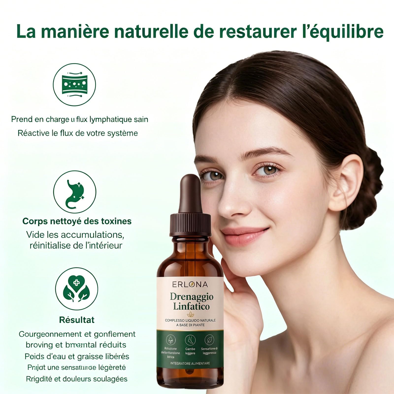 Erlona Drainage Lymphatique Goutte, Drainage Lymphatique Corps Complet Erlona, Mélanges à Base de Plantes Naturelles, pour Femmes et Hommes (1 Pièce)
