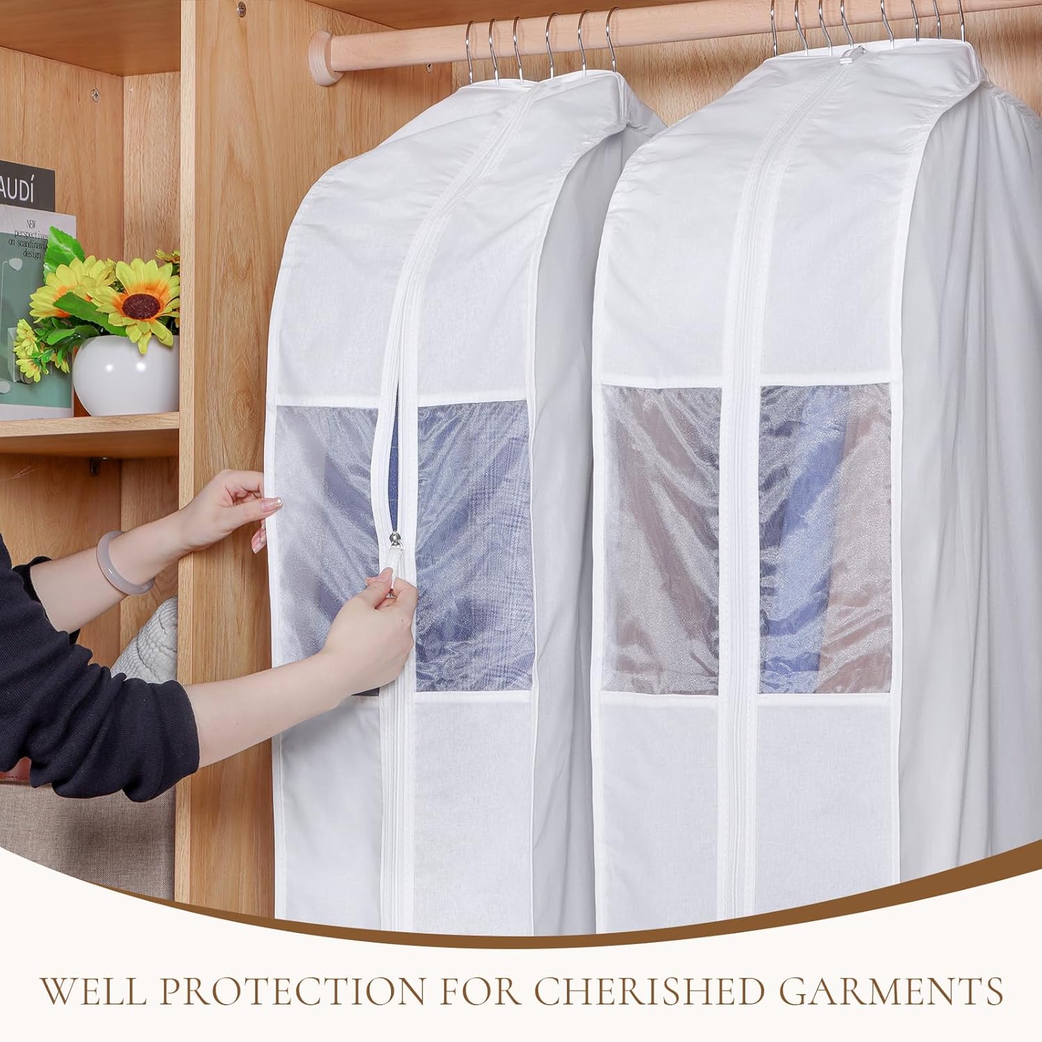 Univivi Premium Cotton Garment Bags for Hanging Clothes and Storage, 40 Inch Washable Suit Cover Bag with Extra Large 10" Gusset & Clear Window - Perfect for Suits, Coats, Jackets - 2 Pack - Image 2