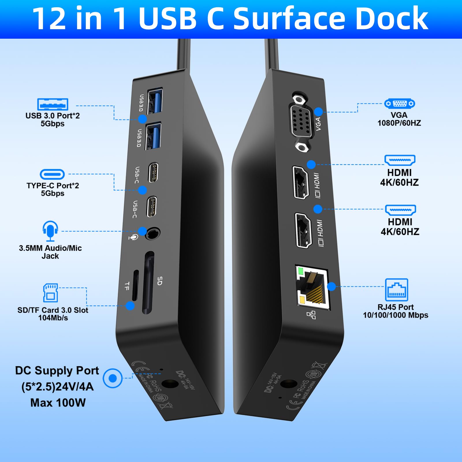 Surface Thunderbolt 4 stacja dokująca z zasilaczem 100 W – stacja dokująca Surface Pro 12 w 1 z podwójnym HDMI + VGA do Surface Pro 11/10/9/8/X/7+, Surface Go - 2 lata