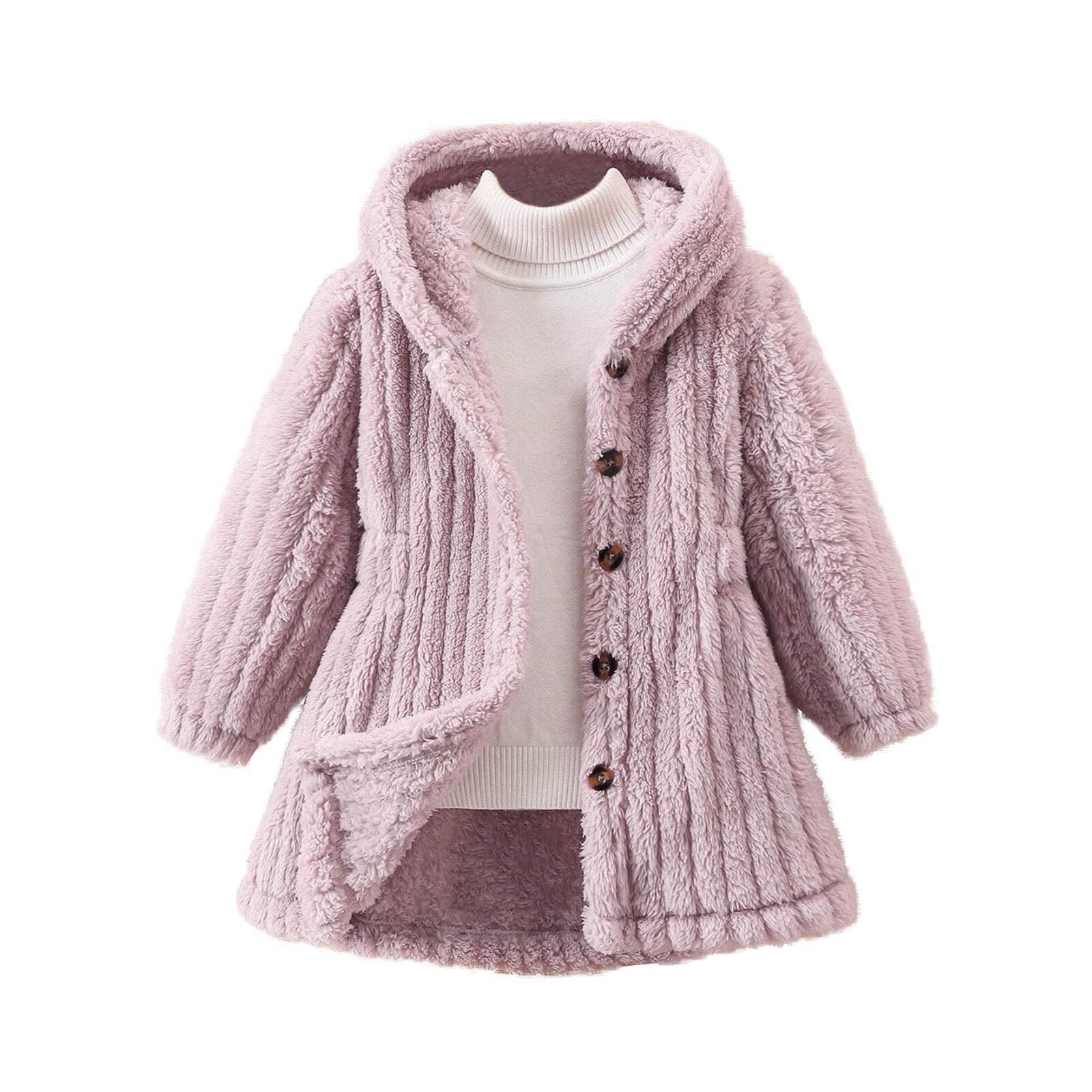 Girls Sherpa Fuzzy Coats Winter Padded Fleece Hooded Jackets Teen Kids Button Open Front Warm Windproof Outwear