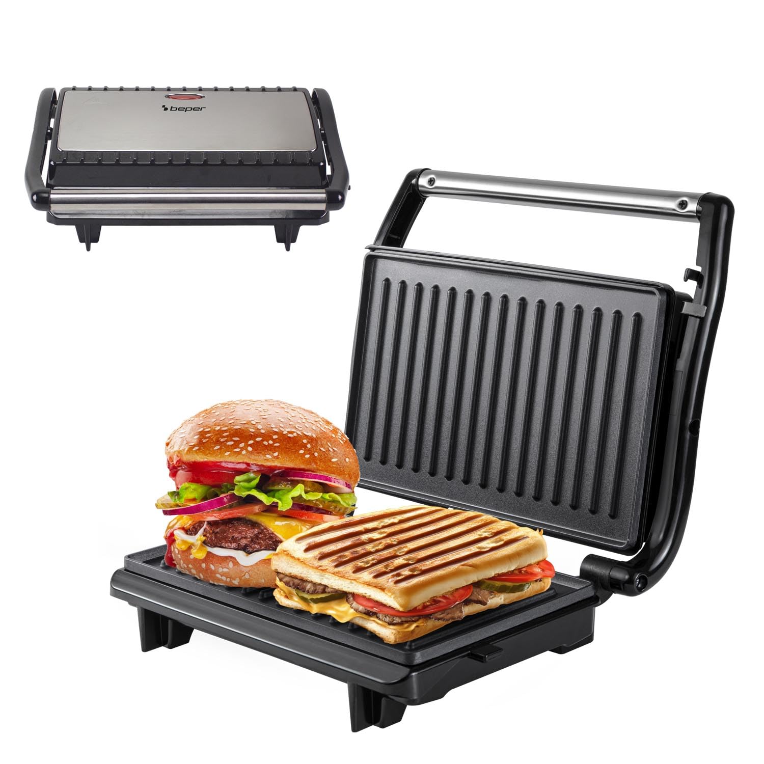 BEPER P101TOS003 Parrilla Eléctrica Compacta, Placa Antiadherente, Tostadora, Sándwiches, Carne, Verduras - Placas Autoajustables, Mango Termoaislante y Recogedor de Cable Integrado