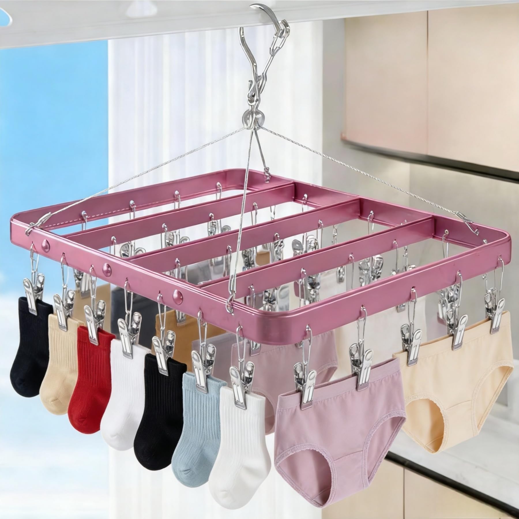 Perchero para pantalones con clips, estantes de secado de ropa con clip, perchas metálicas con 36 clips, colgador de ropa interior plegable a prueba de viento, colgador de ropa para jeans