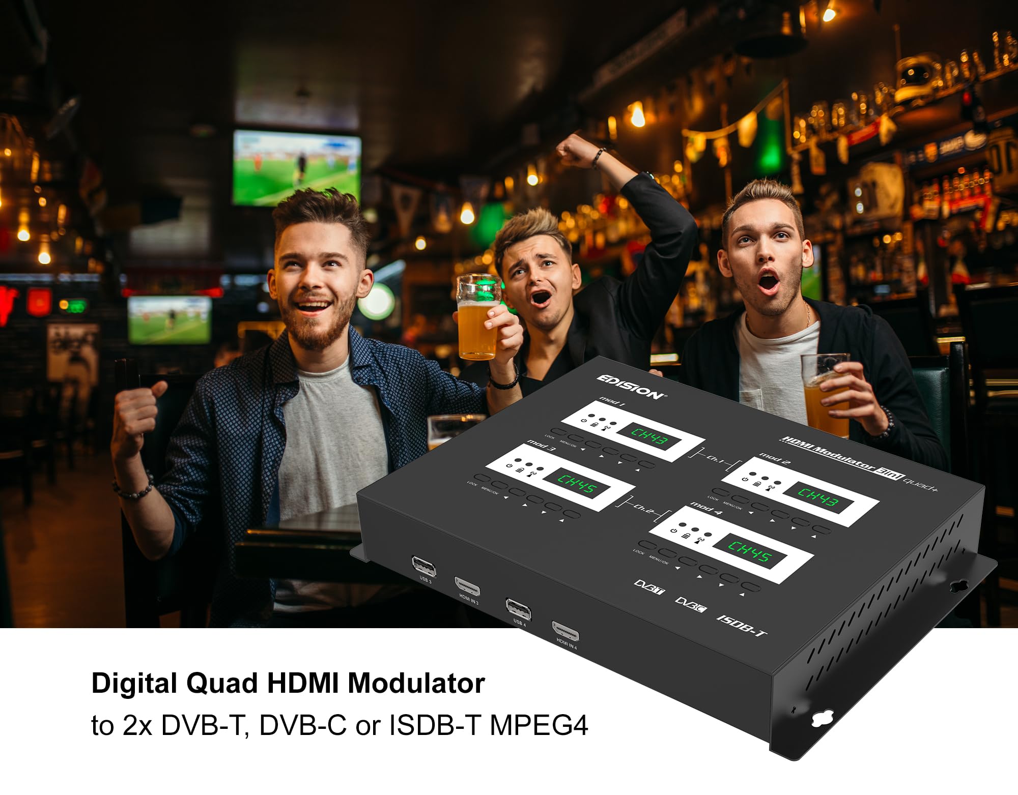 EDISION Modulateur HDMI 3in1 Quad+ RF 4X HDMI DVB-T ISDB-T DVB-C Full HD Coaxial Plug and Play