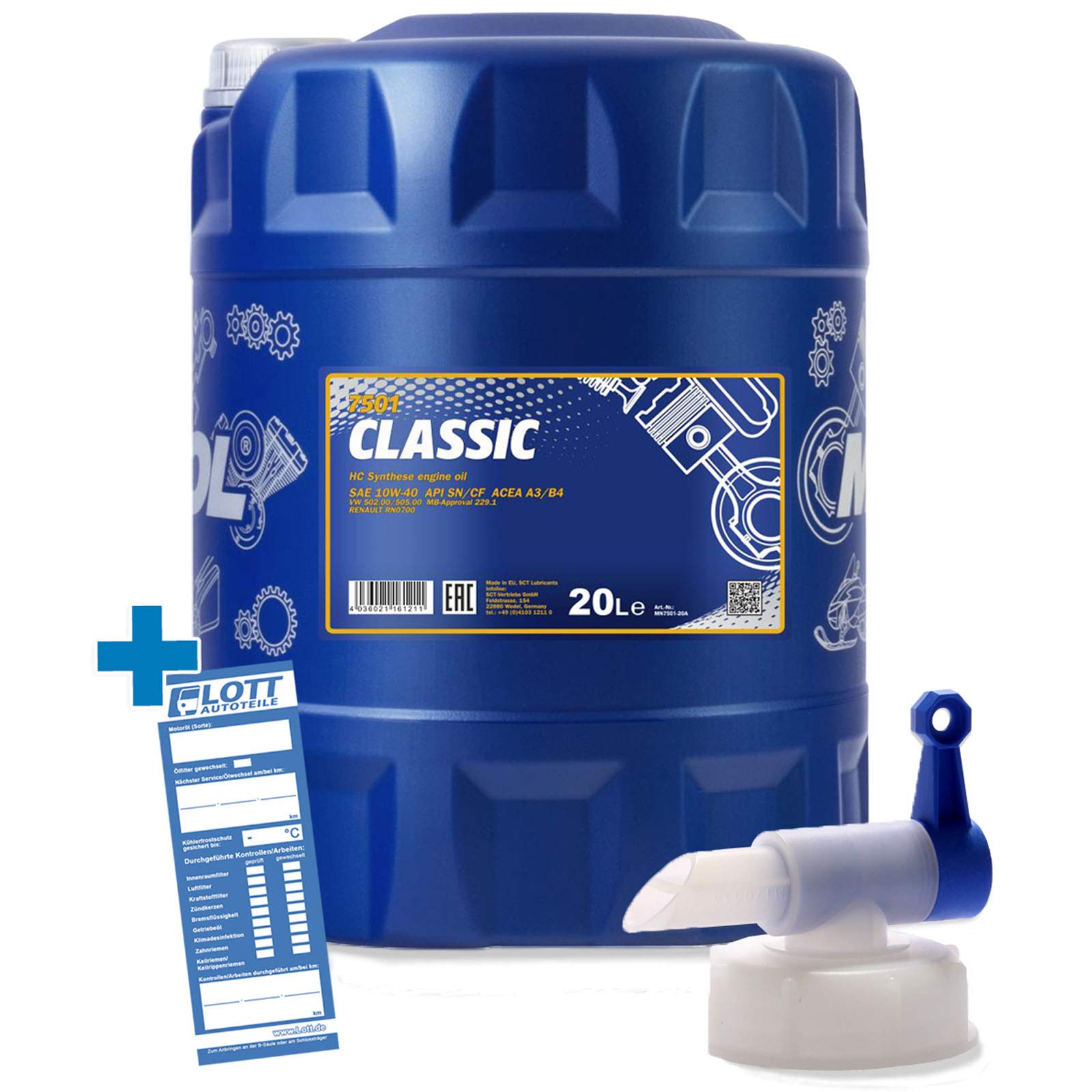MANNOL 20L Classic 10W-40 Motorenöl ACEA A3/B4 Motoröl 10W40 + Auslaufhahn