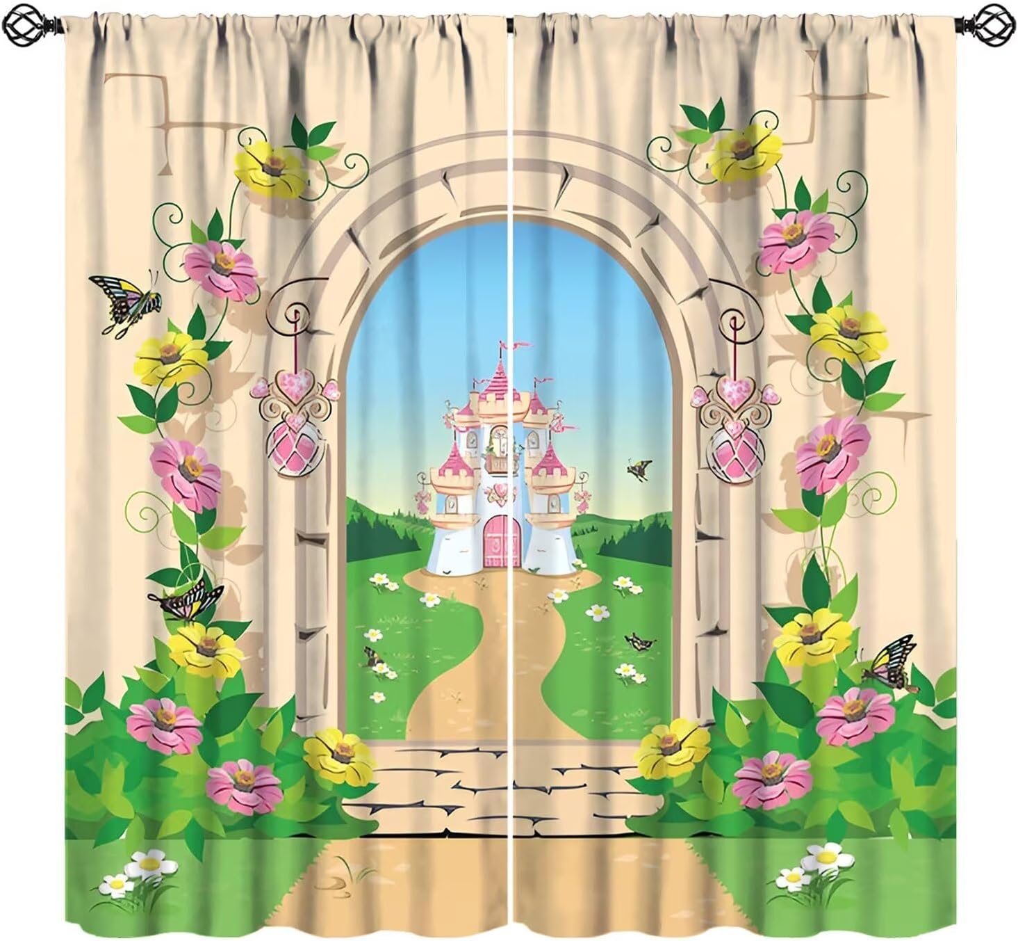 Fantasy Castle Curtains, Magical Purple Forest Mountains Trees Fairy Tale Magic Unicorn Flowers Print Blackout Window Treatments for Kids Girls Bedroom Living Room, 52" W X 84" L