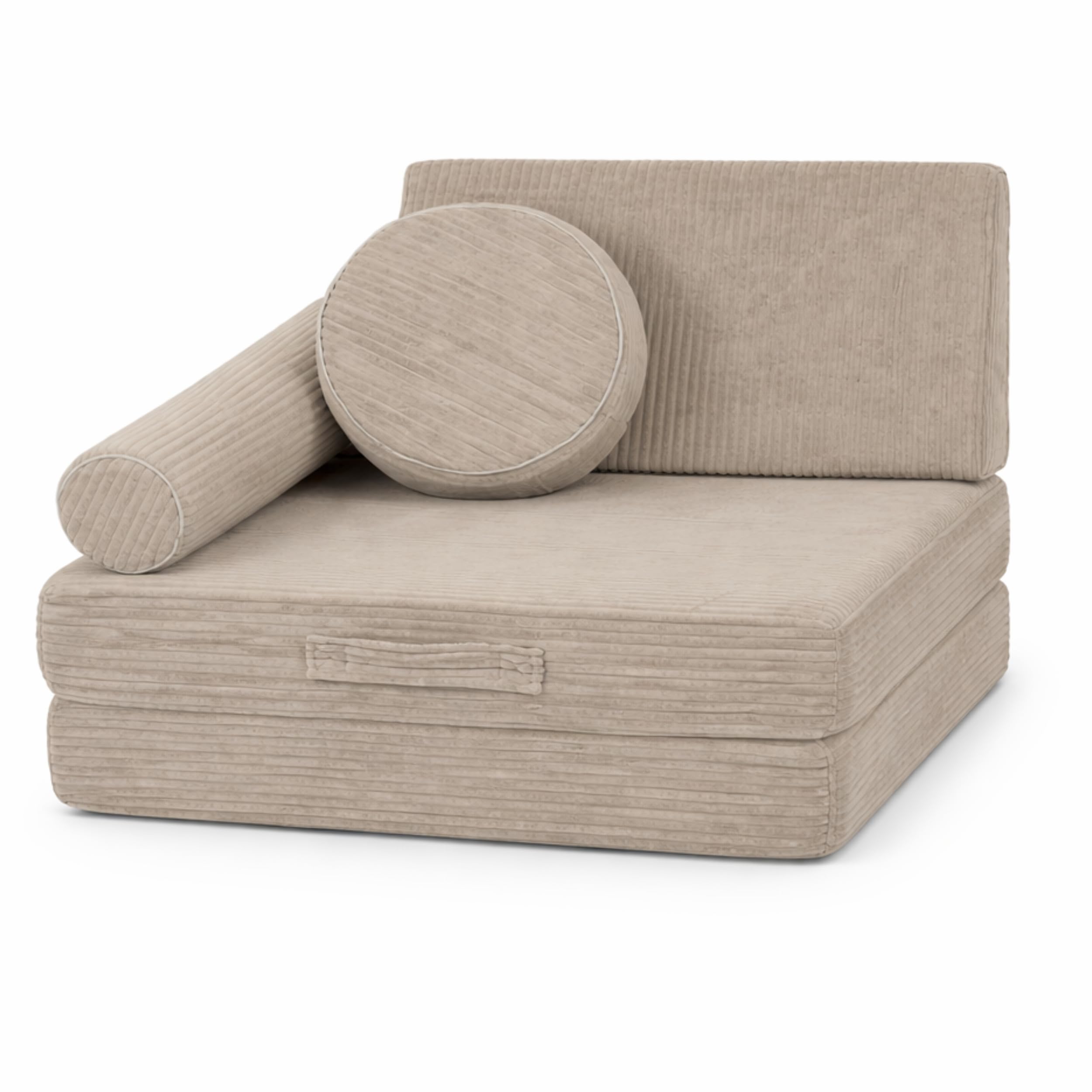 Flumi Kindersessel faltbar – personalisierbar mit Namen, Kinder Polstersessel mit Liegefunktion, ab 1 Jahr, waschbar, 70x70x54 cm (Cord Beige)