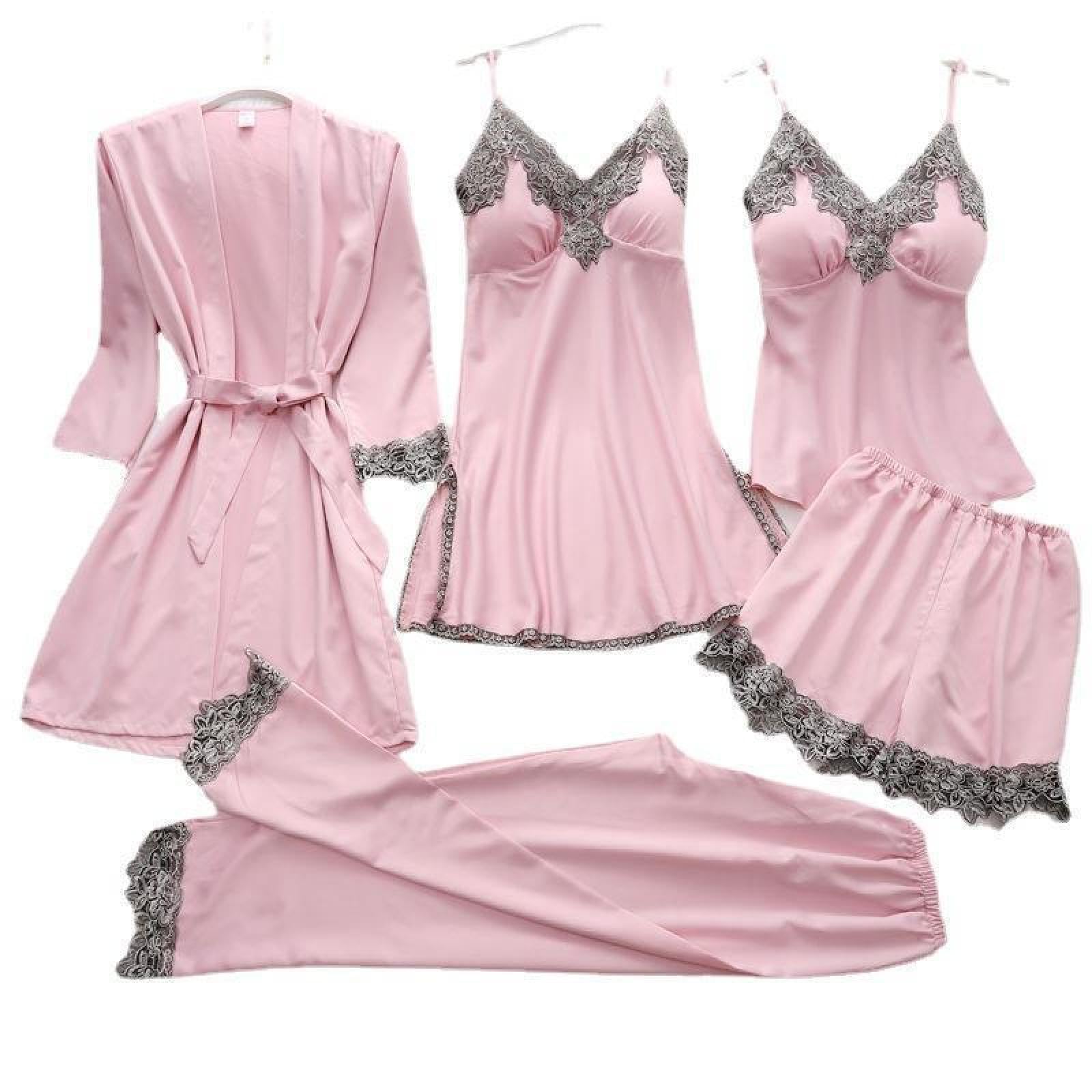 L'entrejambeVêtements de détente Sexy pour Femmes, Pyjamas en Soie Artificielle, sous-vêtements érotiques, Ensemble Cinq pièces