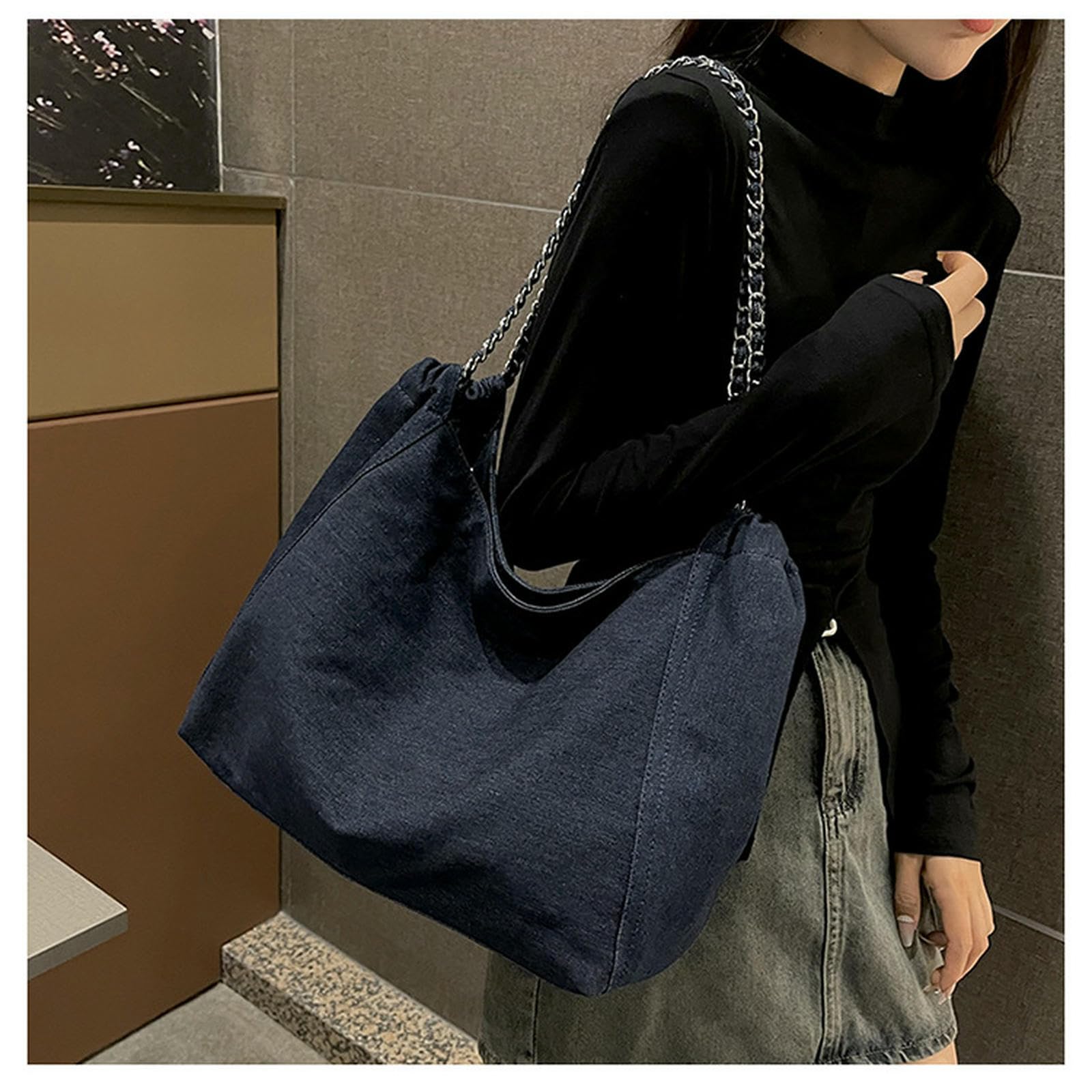 Borsa Donna in Denim di Grande capacità da Donna, A Tracolla Leggera per Studenti Universitari, Catena-Nero