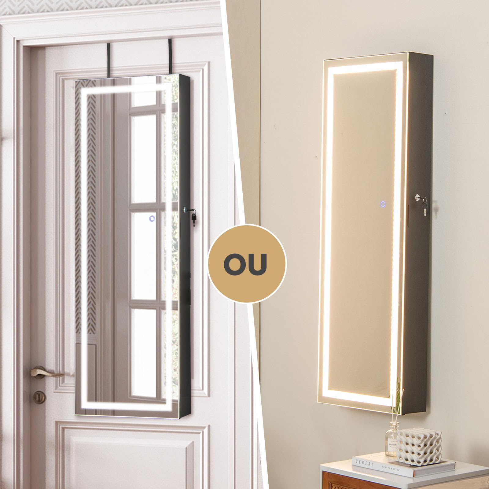 RELAX4LIFE Armoire à Bijoux Murale avec Miroir et Éclairage LED 3 Couleurs