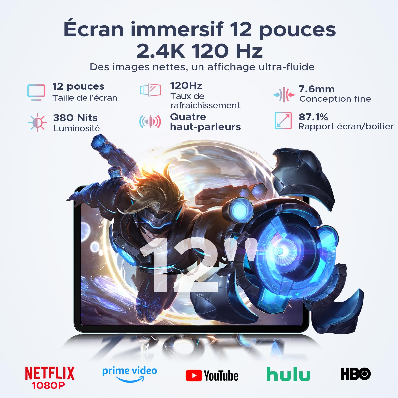 P12 Pro Tablette 12 Pouces, 12000 mAh Tablette Android 16, 48Go RAM+256Go ROM/2To TF, T7300 Octa-Core, Gemini AI, 2,4K/120Hz, 13MP, 4G LTE/Face ID/OTG/GPS/FM, Tablette avec Clavier et Stylet